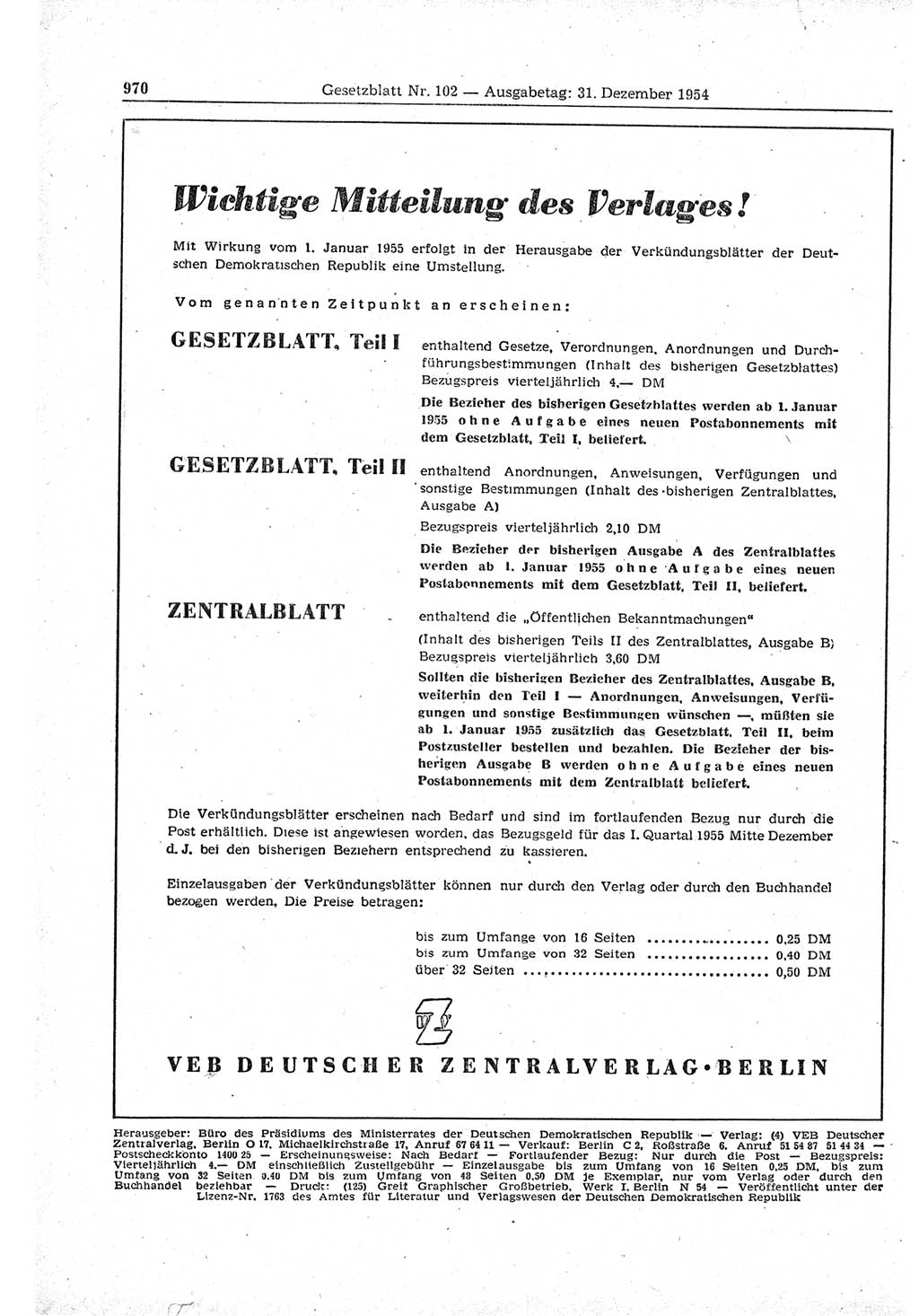 Gesetzblatt (GBl.) der Deutschen Demokratischen Republik (DDR) 1954, Seite 970 (GBl. DDR 1954, S. 970)