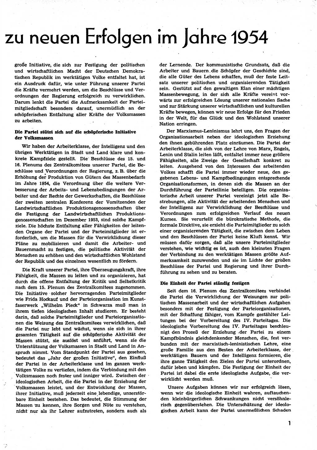 Neuer Weg (NW), Organ des Zentralkomitees (ZK) der SED (Sozialistische Einheitspartei Deutschlands) für alle Parteiarbeiter, 9. Jahrgang [Deutsche Demokratische Republik (DDR)] 1954, Heft 1/1 (NW ZK SED DDR 1954, H. 1/1)