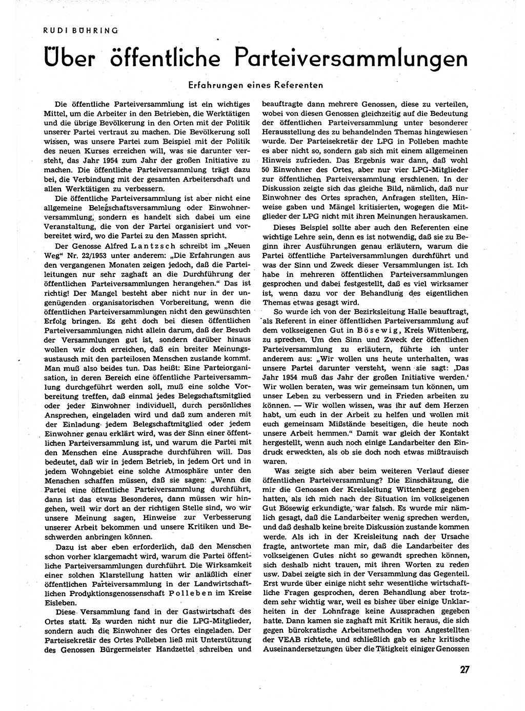 Neuer Weg (NW), Organ des Zentralkomitees (ZK) der SED (Sozialistische Einheitspartei Deutschlands) für alle Parteiarbeiter, 9. Jahrgang [Deutsche Demokratische Republik (DDR)] 1954, Heft 1/27 (NW ZK SED DDR 1954, H. 1/27)