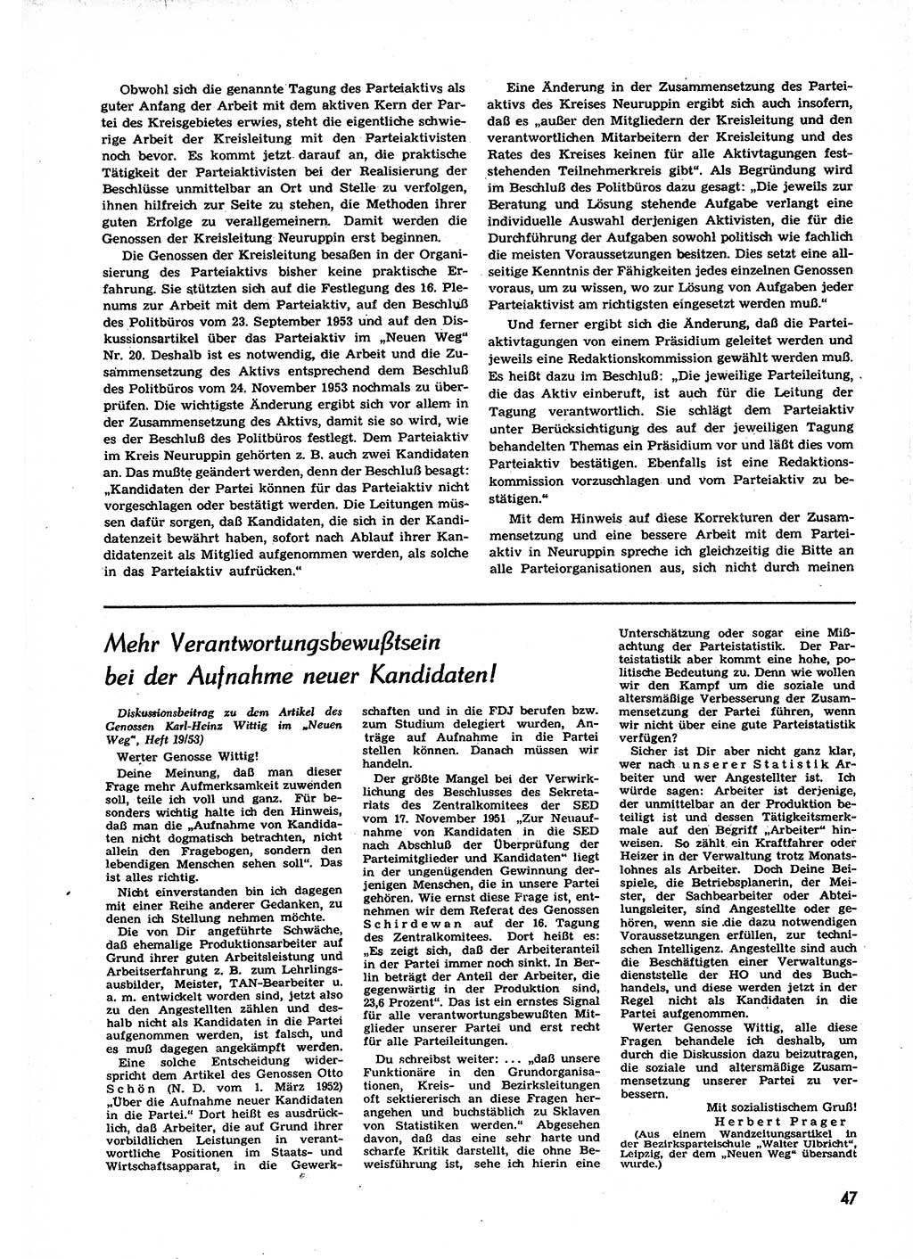Neuer Weg (NW), Organ des Zentralkomitees (ZK) der SED (Sozialistische Einheitspartei Deutschlands) für alle Parteiarbeiter, 9. Jahrgang [Deutsche Demokratische Republik (DDR)] 1954, Heft 1/47 (NW ZK SED DDR 1954, H. 1/47)