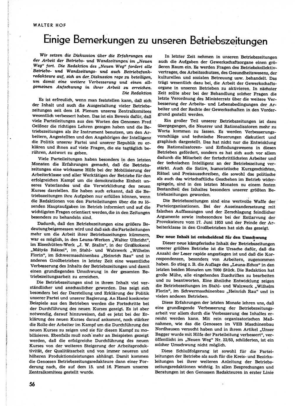 Neuer Weg (NW), Organ des Zentralkomitees (ZK) der SED (Sozialistische Einheitspartei Deutschlands) für alle Parteiarbeiter, 9. Jahrgang [Deutsche Demokratische Republik (DDR)] 1954, Heft 1/56 (NW ZK SED DDR 1954, H. 1/56)