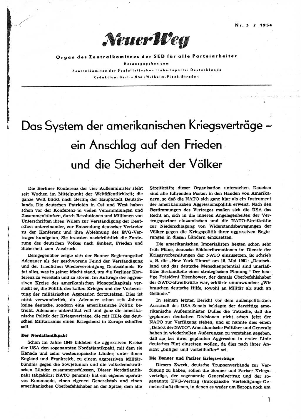 Neuer Weg (NW), Organ des Zentralkomitees (ZK) der SED (Sozialistische Einheitspartei Deutschlands) für alle Parteiarbeiter, 9. Jahrgang [Deutsche Demokratische Republik (DDR)] 1954, Heft 3/1 (NW ZK SED DDR 1954, H. 3/1)