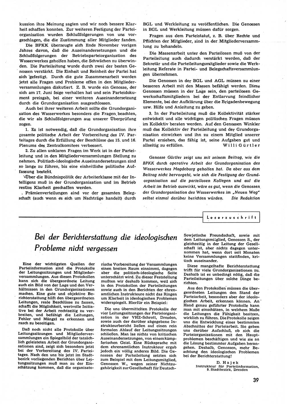 Neuer Weg (NW), Organ des Zentralkomitees (ZK) der SED (Sozialistische Einheitspartei Deutschlands) für alle Parteiarbeiter, 9. Jahrgang [Deutsche Demokratische Republik (DDR)] 1954, Heft 3/39 (NW ZK SED DDR 1954, H. 3/39)