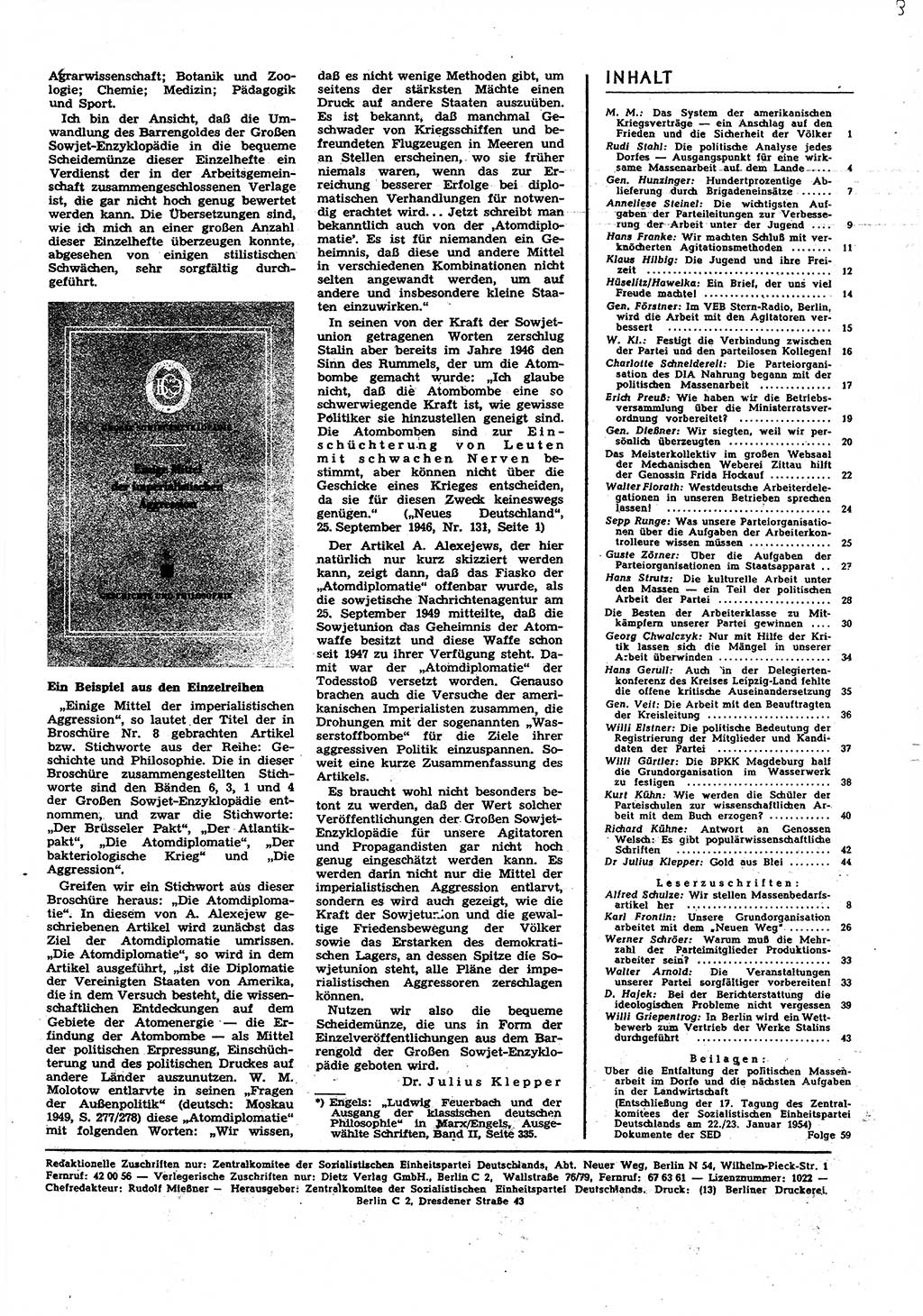 Neuer Weg (NW), Organ des Zentralkomitees (ZK) der SED (Sozialistische Einheitspartei Deutschlands) für alle Parteiarbeiter, 9. Jahrgang [Deutsche Demokratische Republik (DDR)] 1954, Heft 3/45 (NW ZK SED DDR 1954, H. 3/45)