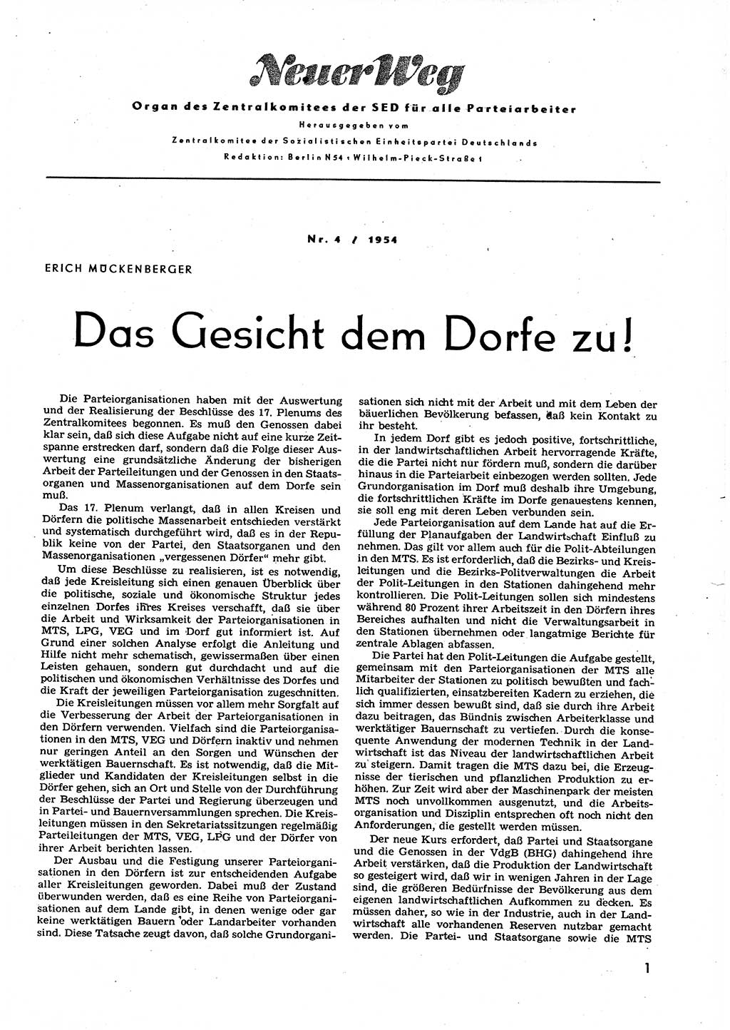 Neuer Weg (NW), Organ des Zentralkomitees (ZK) der SED (Sozialistische Einheitspartei Deutschlands) für alle Parteiarbeiter, 9. Jahrgang [Deutsche Demokratische Republik (DDR)] 1954, Heft 4/1 (NW ZK SED DDR 1954, H. 4/1)