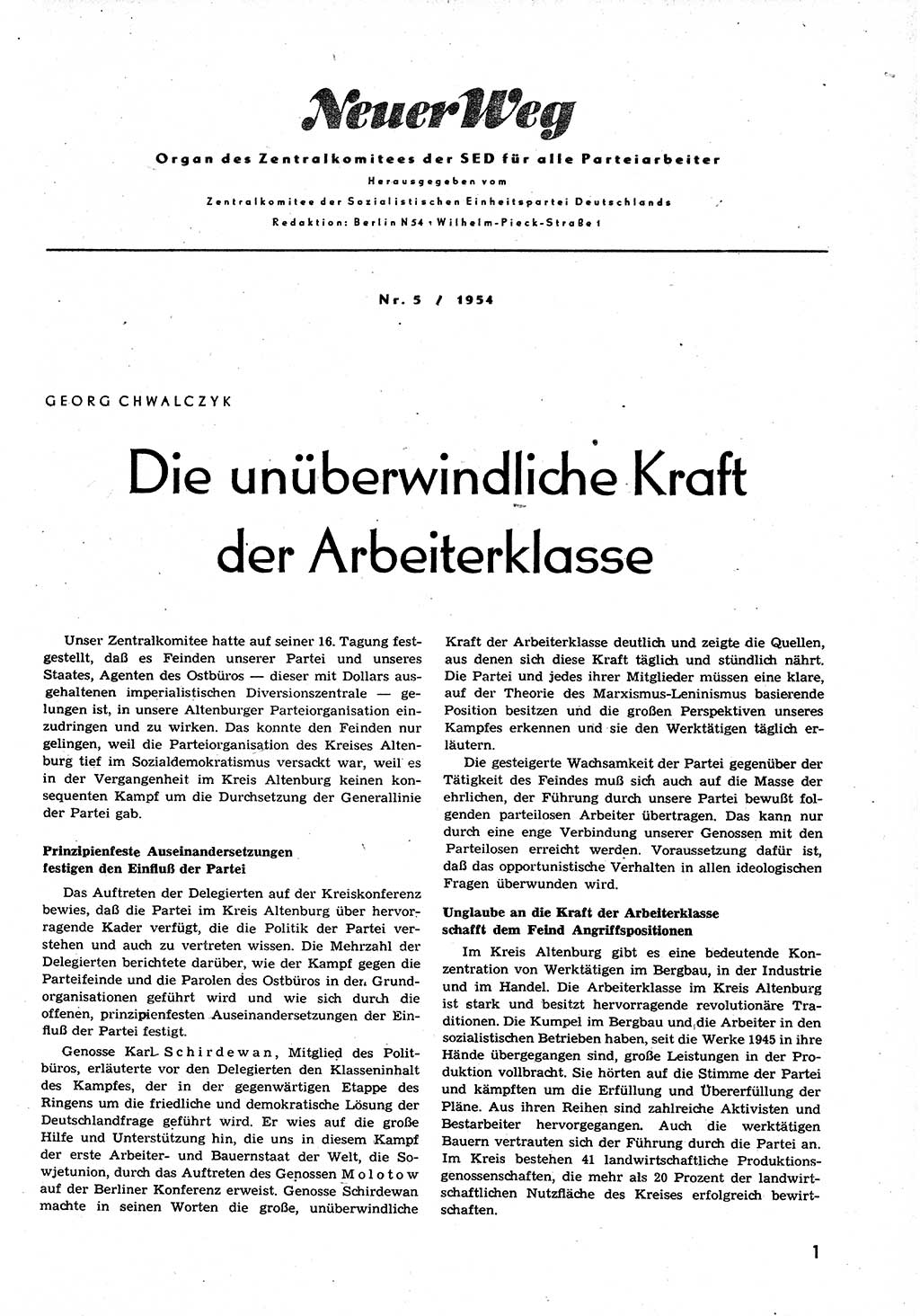 Neuer Weg (NW), Organ des Zentralkomitees (ZK) der SED (Sozialistische Einheitspartei Deutschlands) für alle Parteiarbeiter, 9. Jahrgang [Deutsche Demokratische Republik (DDR)] 1954, Heft 5/1 (NW ZK SED DDR 1954, H. 5/1)