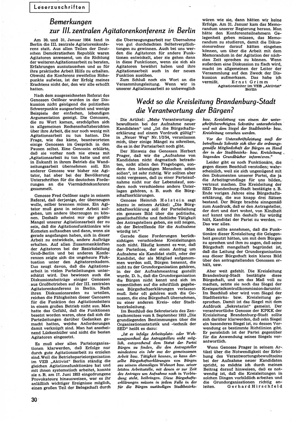 Neuer Weg (NW), Organ des Zentralkomitees (ZK) der SED (Sozialistische Einheitspartei Deutschlands) fÃ¼r alle Parteiarbeiter, 9. Jahrgang [Deutsche Demokratische Republik (DDR)] 1954, Heft 5/30 (NW ZK SED DDR 1954, H. 5/30)