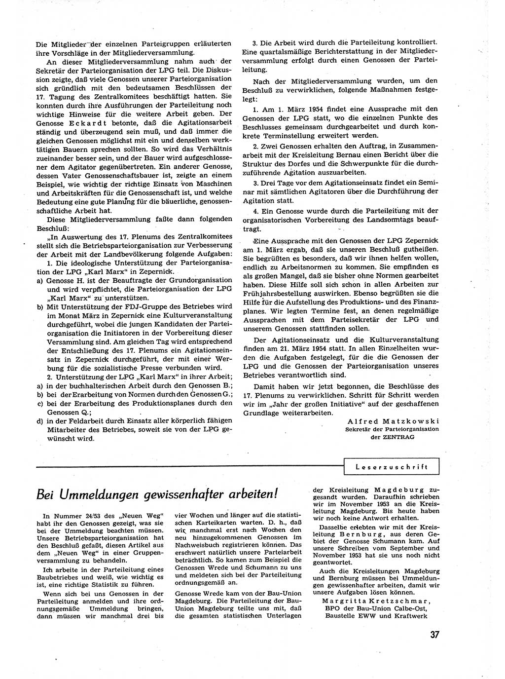 Neuer Weg (NW), Organ des Zentralkomitees (ZK) der SED (Sozialistische Einheitspartei Deutschlands) für alle Parteiarbeiter, 9. Jahrgang [Deutsche Demokratische Republik (DDR)] 1954, Heft 6/37 (NW ZK SED DDR 1954, H. 6/37)