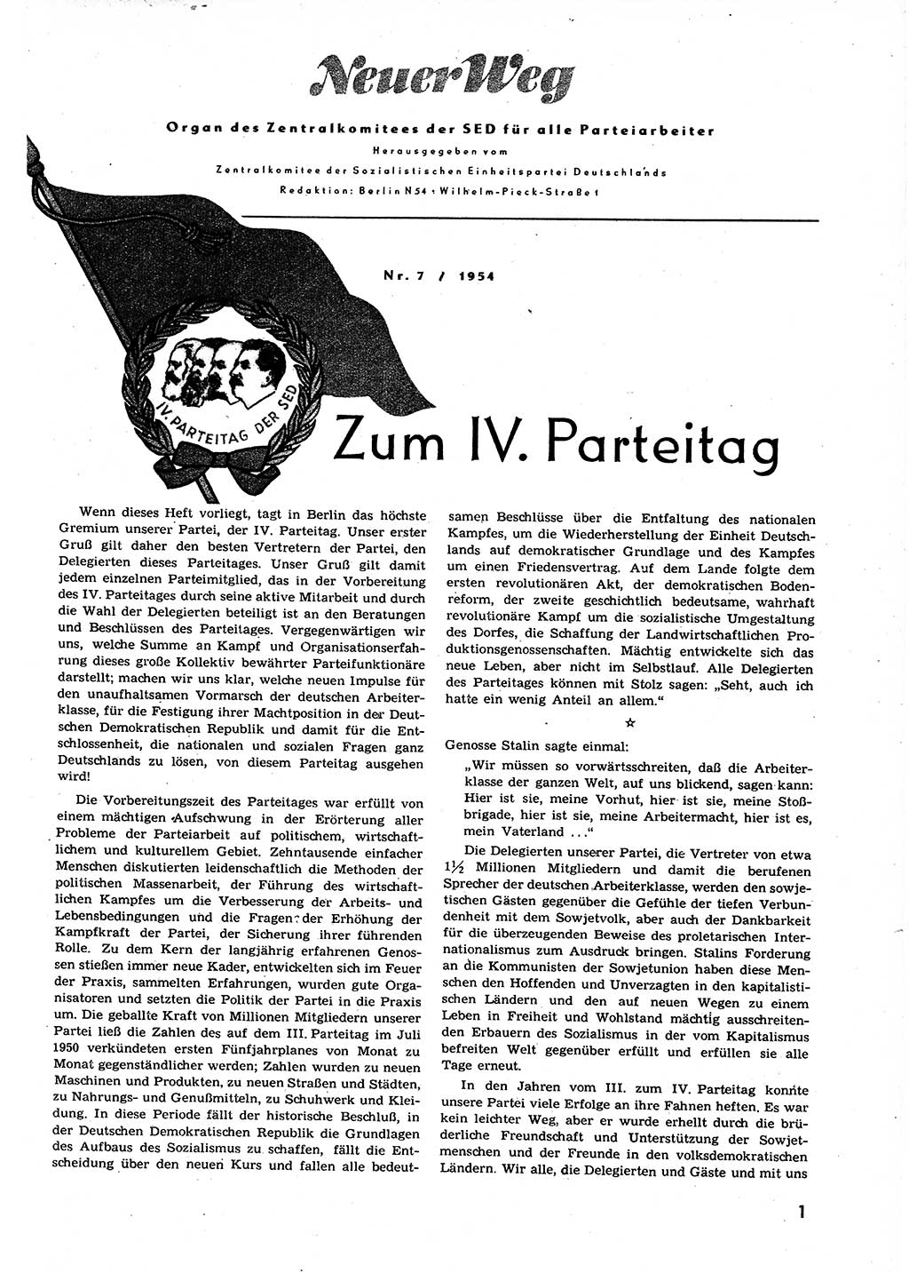 Neuer Weg (NW), Organ des Zentralkomitees (ZK) der SED (Sozialistische Einheitspartei Deutschlands) für alle Parteiarbeiter, 9. Jahrgang [Deutsche Demokratische Republik (DDR)] 1954, Heft 7/1 (NW ZK SED DDR 1954, H. 7/1)