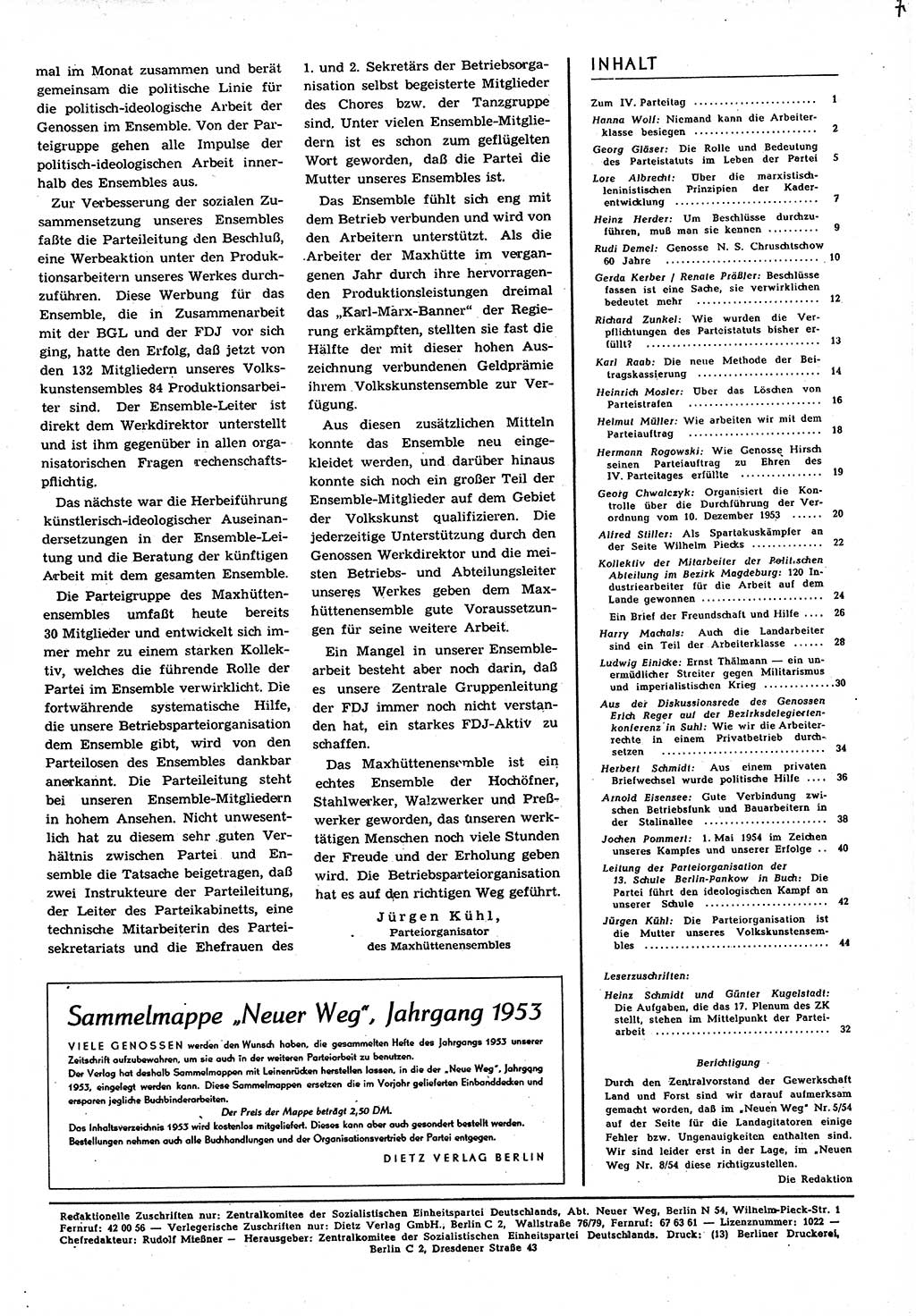 Neuer Weg (NW), Organ des Zentralkomitees (ZK) der SED (Sozialistische Einheitspartei Deutschlands) für alle Parteiarbeiter, 9. Jahrgang [Deutsche Demokratische Republik (DDR)] 1954, Heft 7/45 (NW ZK SED DDR 1954, H. 7/45)