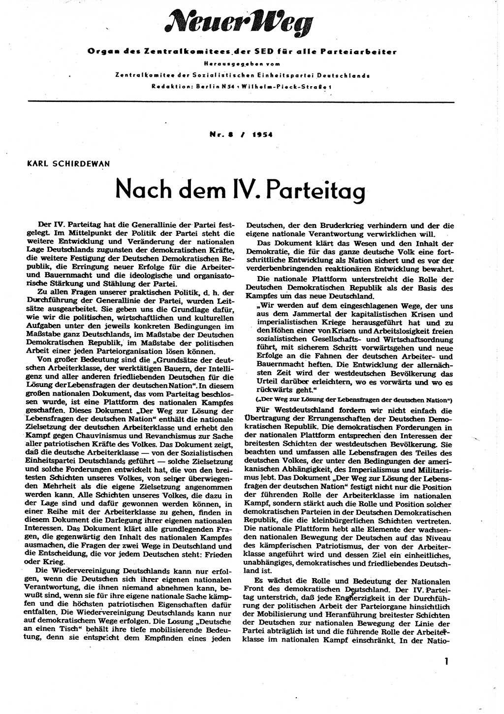 Neuer Weg (NW), Organ des Zentralkomitees (ZK) der SED (Sozialistische Einheitspartei Deutschlands) für alle Parteiarbeiter, 9. Jahrgang [Deutsche Demokratische Republik (DDR)] 1954, Heft 8/1 (NW ZK SED DDR 1954, H. 8/1)