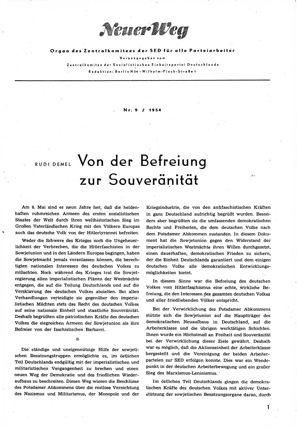 Neuer Weg (NW), Organ des Zentralkomitees (ZK) der SED (Sozialistische Einheitspartei Deutschlands) für alle Parteiarbeiter, 9. Jahrgang [Deutsche Demokratische Republik (DDR)] 1954, Heft 9/1 (NW ZK SED DDR 1954, H. 9/1)