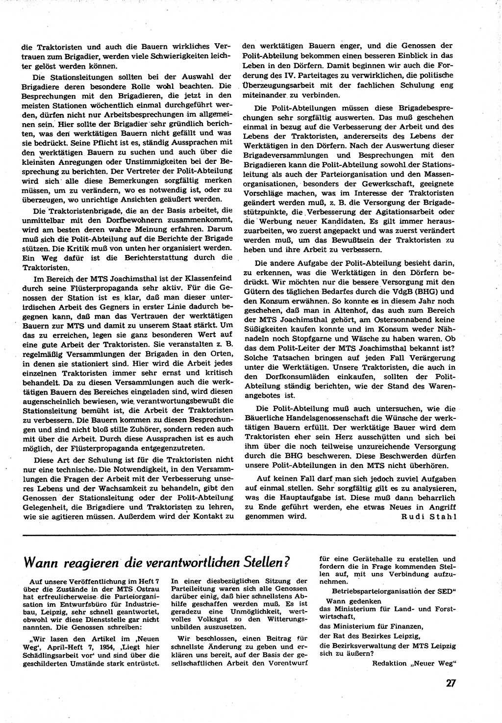 Neuer Weg (NW), Organ des Zentralkomitees (ZK) der SED (Sozialistische Einheitspartei Deutschlands) für alle Parteiarbeiter, 9. Jahrgang [Deutsche Demokratische Republik (DDR)] 1954, Heft 9/27 (NW ZK SED DDR 1954, H. 9/27)