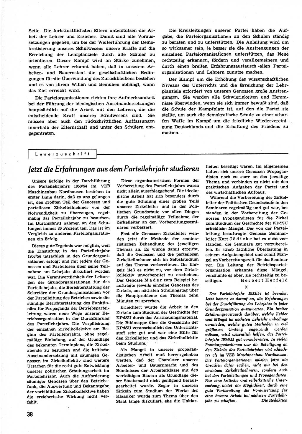 Neuer Weg (NW), Organ des Zentralkomitees (ZK) der SED (Sozialistische Einheitspartei Deutschlands) für alle Parteiarbeiter, 9. Jahrgang [Deutsche Demokratische Republik (DDR)] 1954, Heft 10/38 (NW ZK SED DDR 1954, H. 10/38)