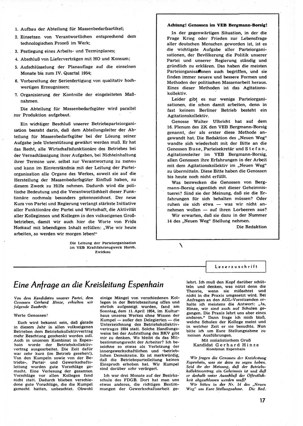 Neuer Weg (NW), Organ des Zentralkomitees (ZK) der SED (Sozialistische Einheitspartei Deutschlands) für alle Parteiarbeiter, 9. Jahrgang [Deutsche Demokratische Republik (DDR)] 1954, Heft 12/17 (NW ZK SED DDR 1954, H. 12/17)