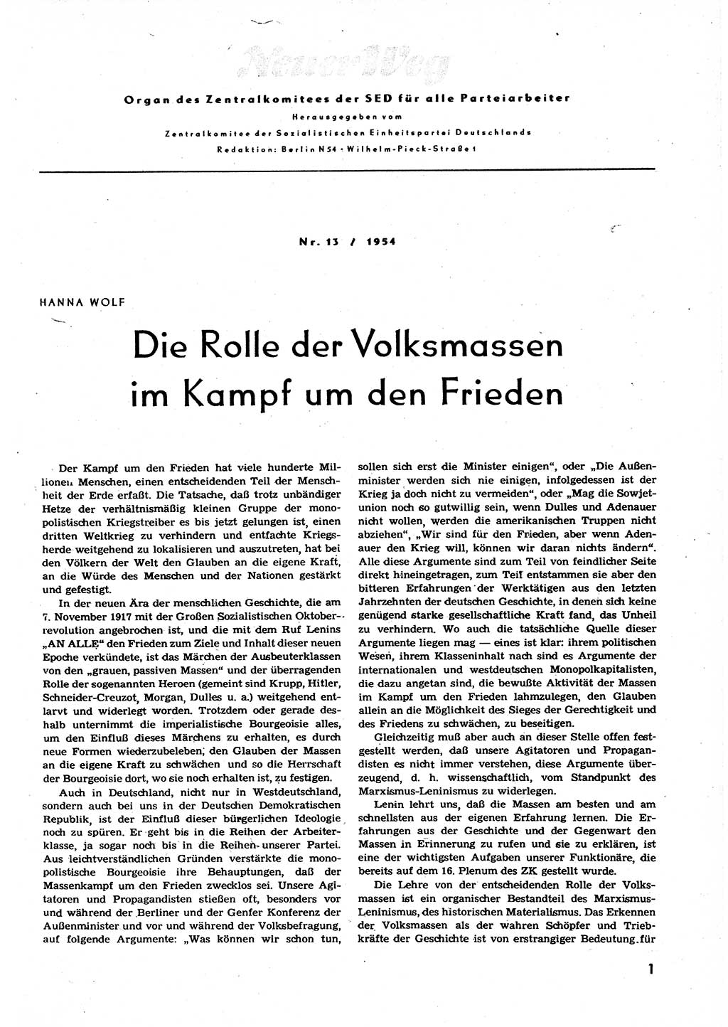 Neuer Weg (NW), Organ des Zentralkomitees (ZK) der SED (Sozialistische Einheitspartei Deutschlands) für alle Parteiarbeiter, 9. Jahrgang [Deutsche Demokratische Republik (DDR)] 1954, Heft 13/1 (NW ZK SED DDR 1954, H. 13/1)