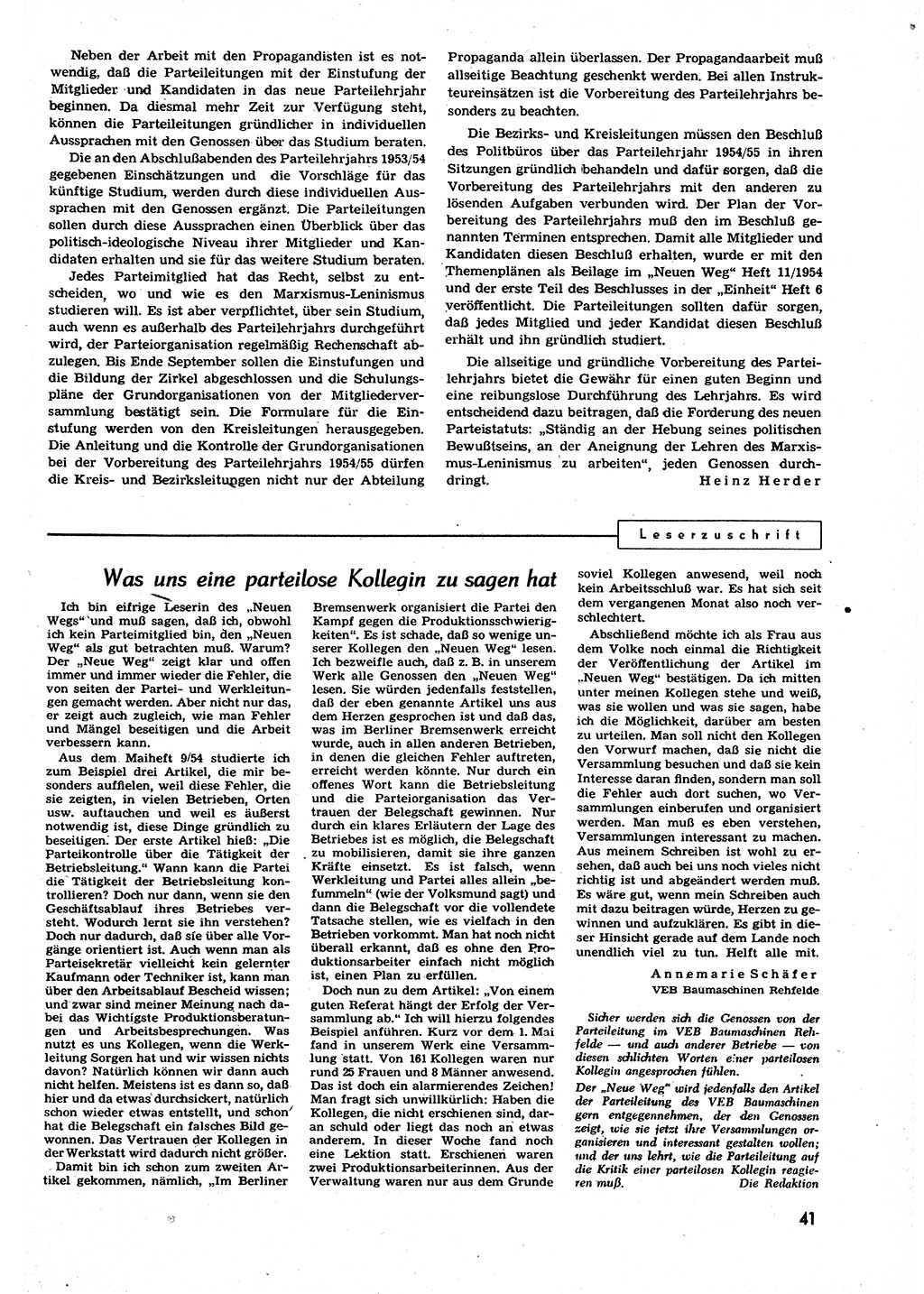 Neuer Weg (NW), Organ des Zentralkomitees (ZK) der SED (Sozialistische Einheitspartei Deutschlands) für alle Parteiarbeiter, 9. Jahrgang [Deutsche Demokratische Republik (DDR)] 1954, Heft 13/41 (NW ZK SED DDR 1954, H. 13/41)