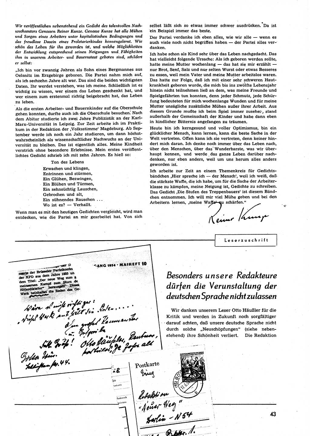 Neuer Weg (NW), Organ des Zentralkomitees (ZK) der SED (Sozialistische Einheitspartei Deutschlands) für alle Parteiarbeiter, 9. Jahrgang [Deutsche Demokratische Republik (DDR)] 1954, Heft 13/43 (NW ZK SED DDR 1954, H. 13/43)