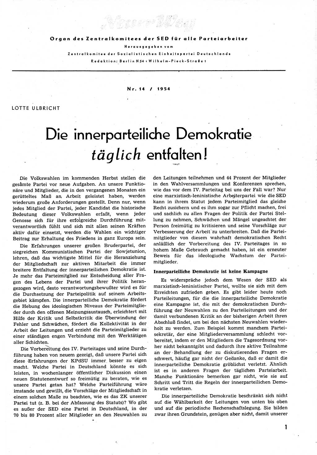 Neuer Weg (NW), Organ des Zentralkomitees (ZK) der SED (Sozialistische Einheitspartei Deutschlands) für alle Parteiarbeiter, 9. Jahrgang [Deutsche Demokratische Republik (DDR)] 1954, Heft 14/1 (NW ZK SED DDR 1954, H. 14/1)