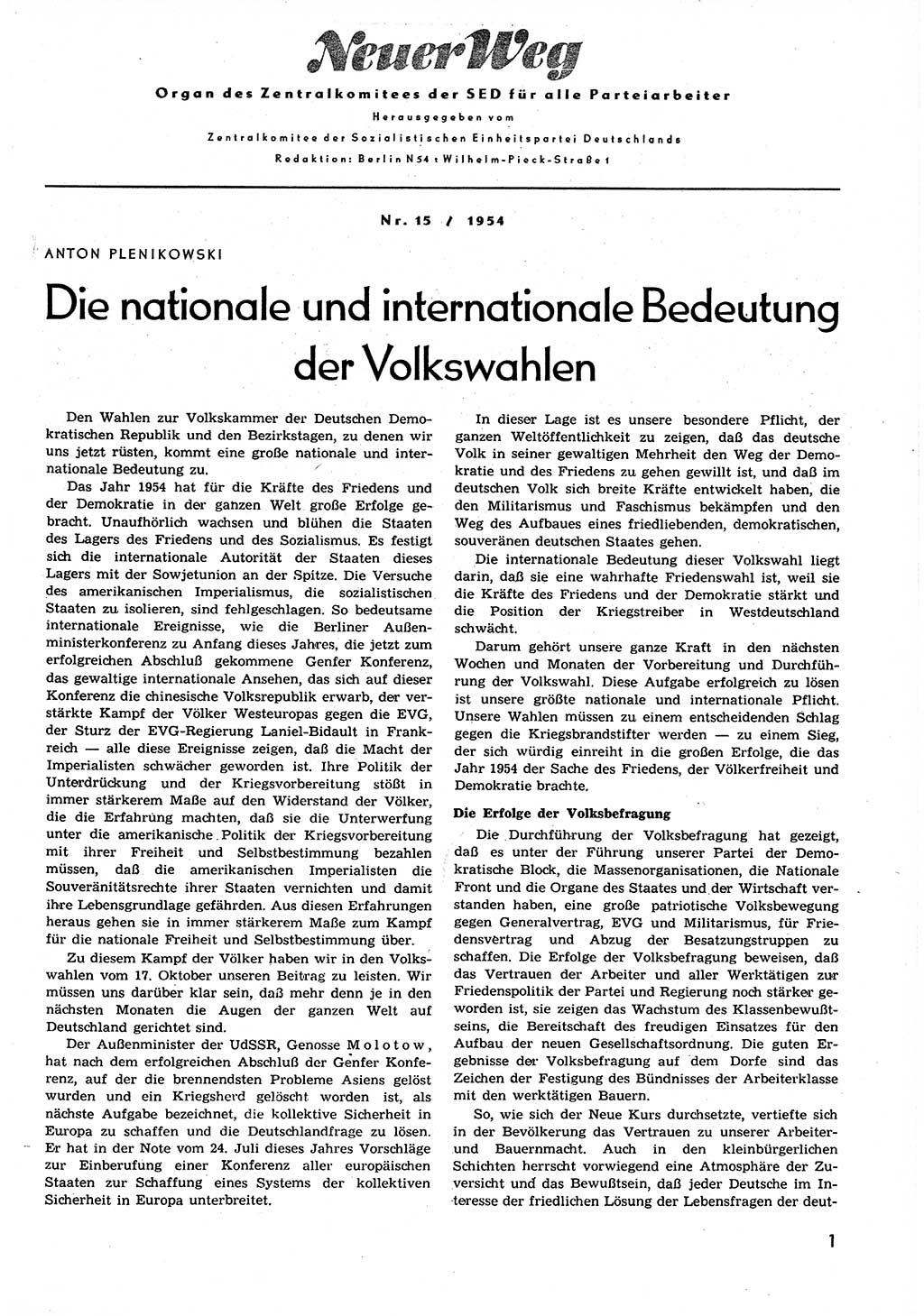 Neuer Weg (NW), Organ des Zentralkomitees (ZK) der SED (Sozialistische Einheitspartei Deutschlands) für alle Parteiarbeiter, 9. Jahrgang [Deutsche Demokratische Republik (DDR)] 1954, Heft 15/1 (NW ZK SED DDR 1954, H. 15/1)