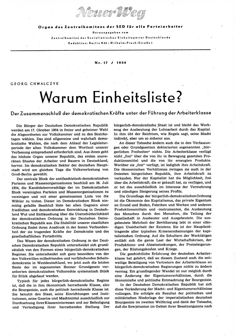 Neuer Weg (NW), Organ des Zentralkomitees (ZK) der SED (Sozialistische Einheitspartei Deutschlands) für alle Parteiarbeiter, 9. Jahrgang [Deutsche Demokratische Republik (DDR)] 1954, Heft 17/1 (NW ZK SED DDR 1954, H. 17/1)