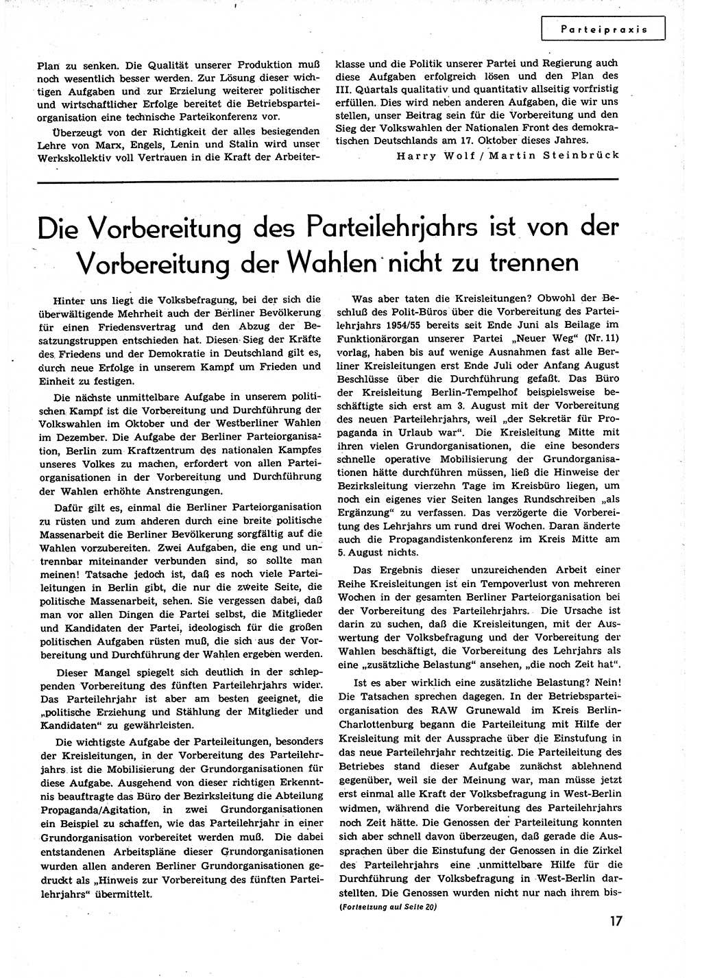 Neuer Weg (NW), Organ des Zentralkomitees (ZK) der SED (Sozialistische Einheitspartei Deutschlands) für alle Parteiarbeiter, 9. Jahrgang [Deutsche Demokratische Republik (DDR)] 1954, Heft 17/17 (NW ZK SED DDR 1954, H. 17/17)