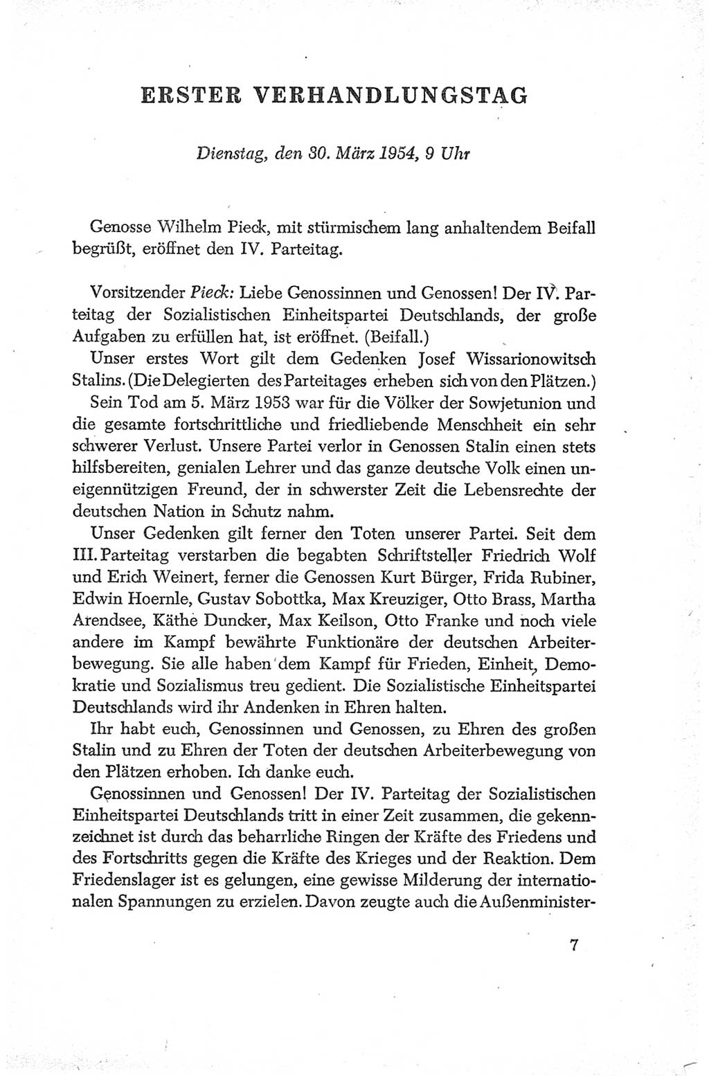 Protokoll der Verhandlungen des Ⅳ. Parteitages der Sozialistischen Einheitspartei Deutschlands (SED) [Deutsche Demokratische Republik (DDR)] 1954, Seite 7