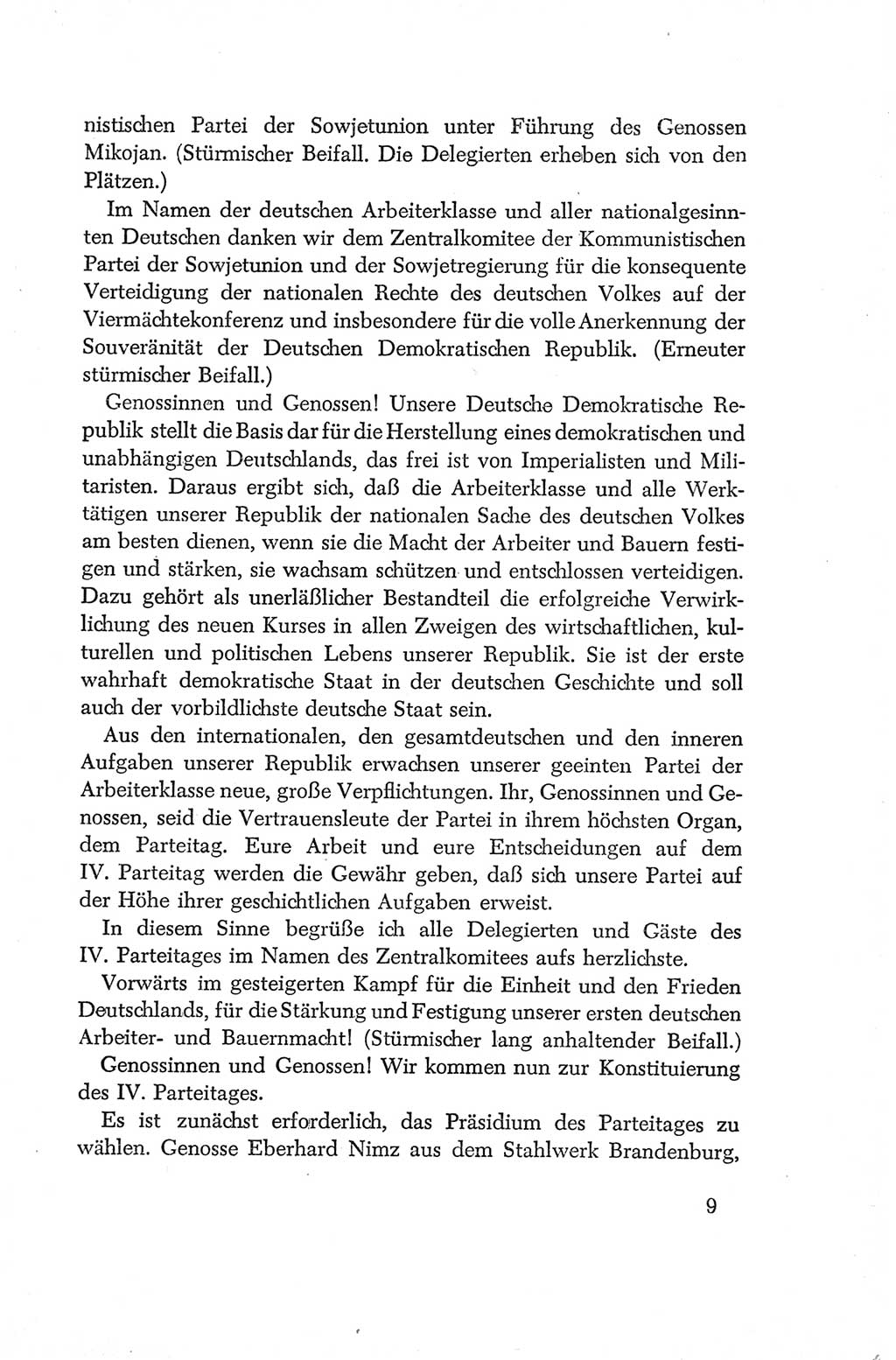 Protokoll der Verhandlungen des Ⅳ. Parteitages der Sozialistischen Einheitspartei Deutschlands (SED) [Deutsche Demokratische Republik (DDR)] 1954, Seite 9