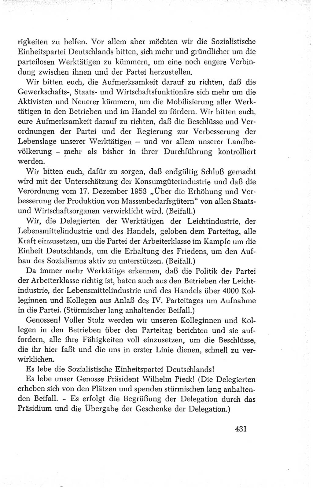 Protokoll der Verhandlungen des Ⅳ. Parteitages der Sozialistischen Einheitspartei Deutschlands (SED) [Deutsche Demokratische Republik (DDR)] 1954, Seite 431