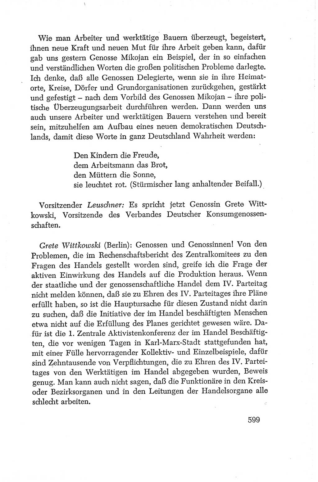 Protokoll der Verhandlungen des Ⅳ. Parteitages der Sozialistischen Einheitspartei Deutschlands (SED) [Deutsche Demokratische Republik (DDR)] 1954, Seite 599