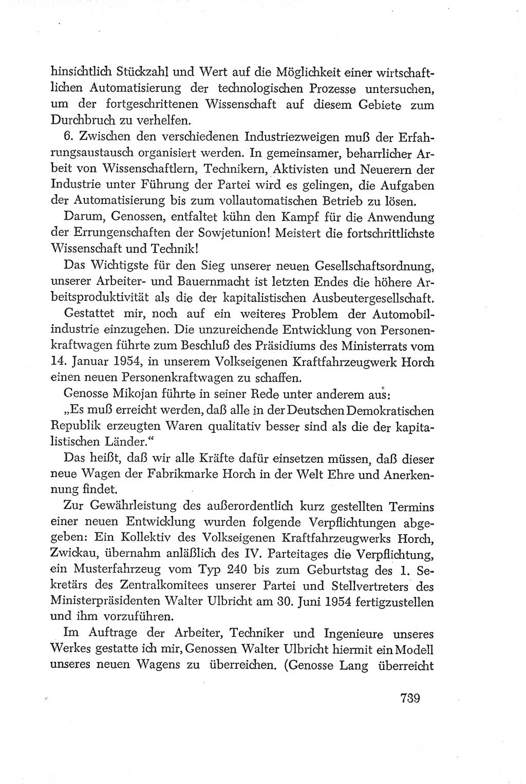 Protokoll der Verhandlungen des Ⅳ. Parteitages der Sozialistischen Einheitspartei Deutschlands (SED) [Deutsche Demokratische Republik (DDR)] 1954, Seite 739