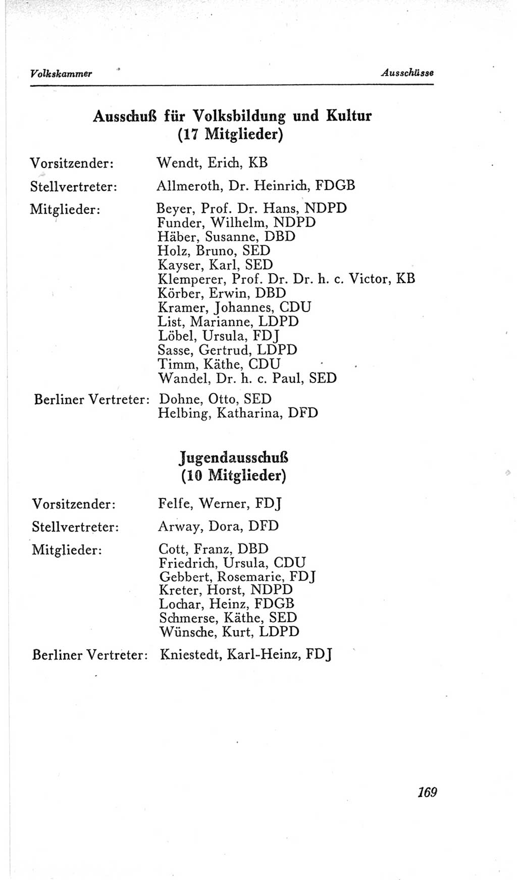 Handbuch der Volkskammer (VK) der Deutschen Demokratischen Republik (DDR), 2. Wahlperiode 1954-1958, Seite 169 (Hdb. VK. DDR, 2. WP. 1954-1958, S. 169)
