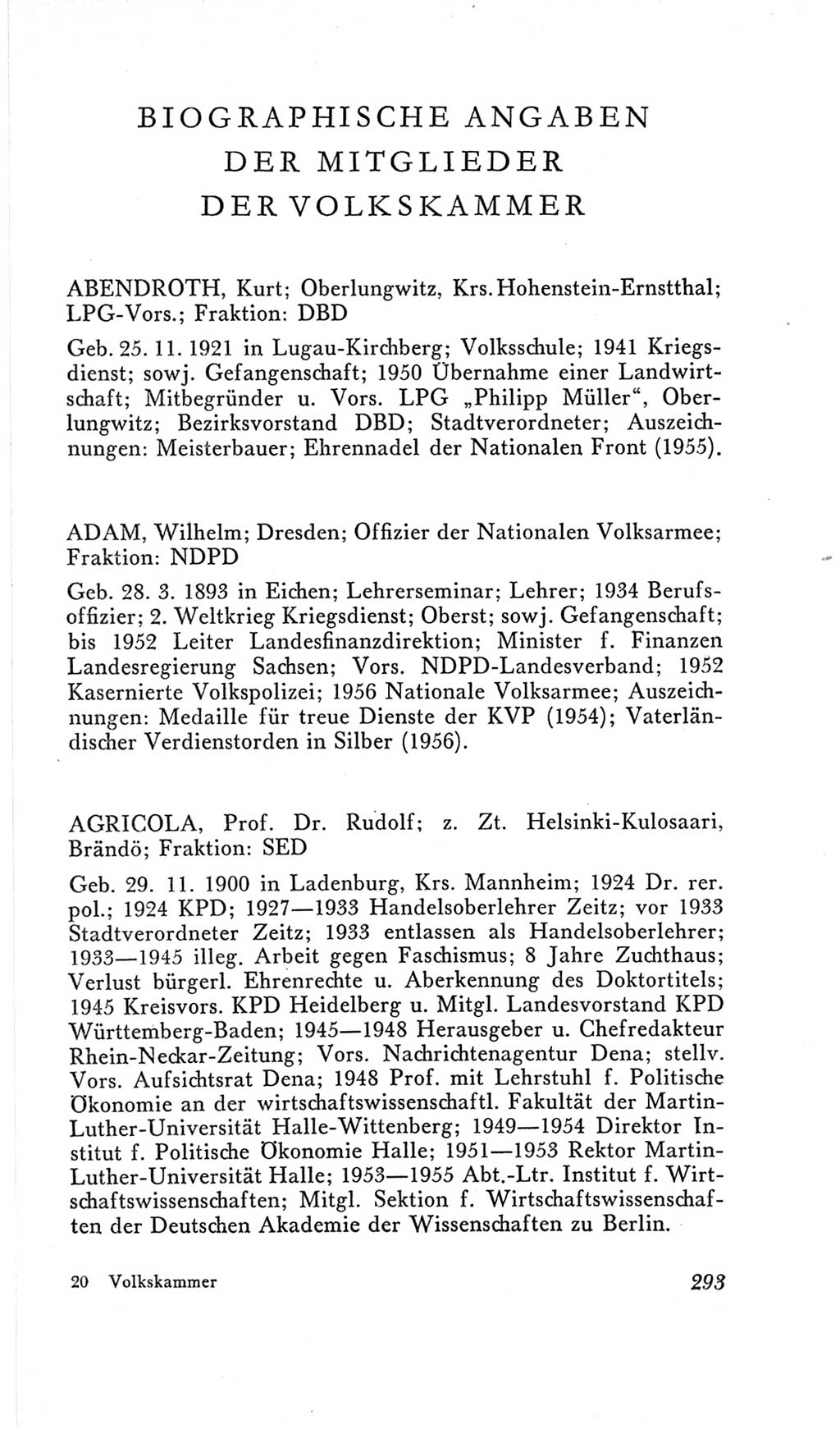 Handbuch der Volkskammer (VK) der Deutschen Demokratischen Republik (DDR), 2. Wahlperiode 1954-1958, Seite 293 (Hdb. VK. DDR, 2. WP. 1954-1958, S. 293)