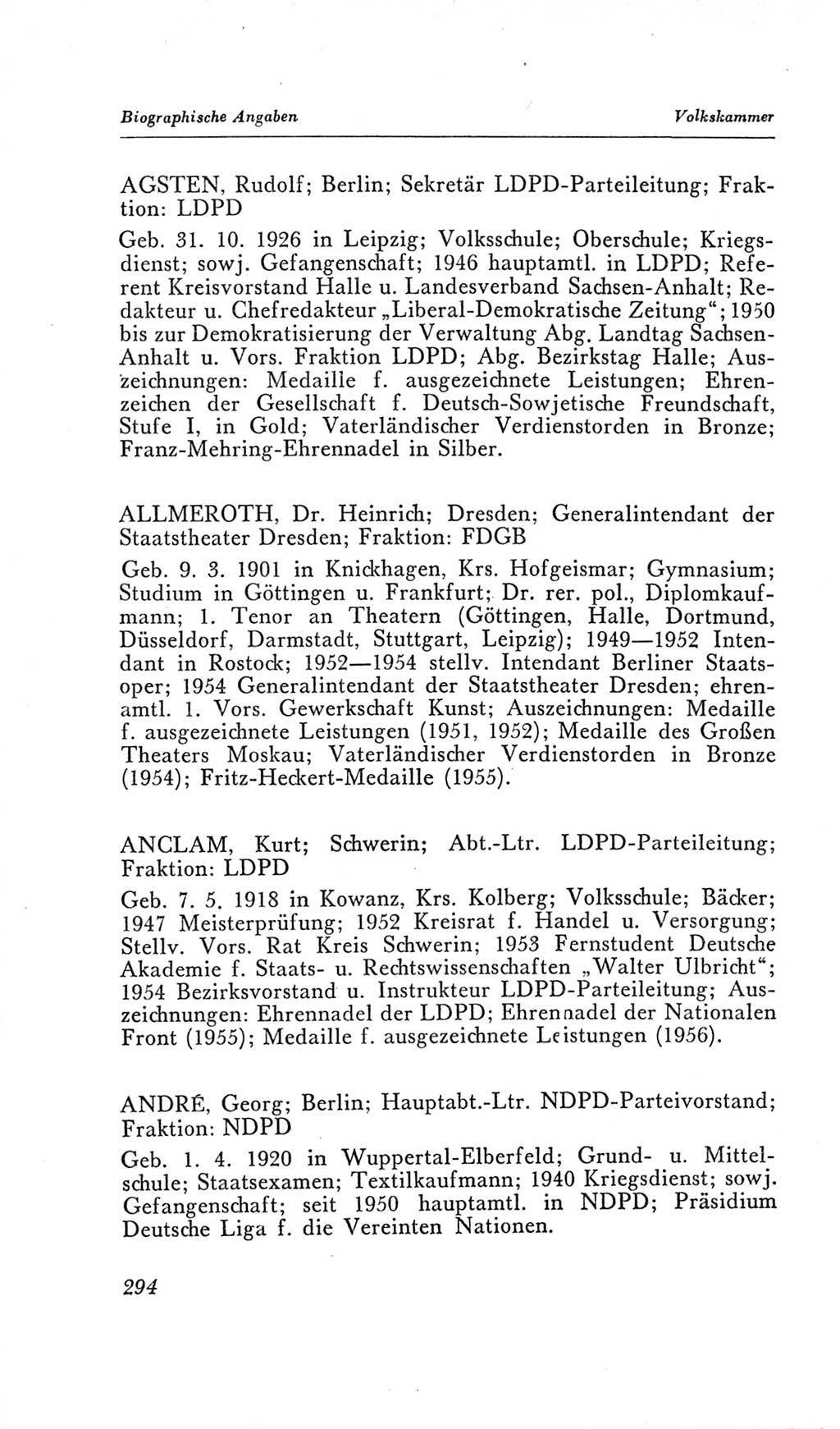 Handbuch der Volkskammer (VK) der Deutschen Demokratischen Republik (DDR), 2. Wahlperiode 1954-1958, Seite 294 (Hdb. VK. DDR, 2. WP. 1954-1958, S. 294)