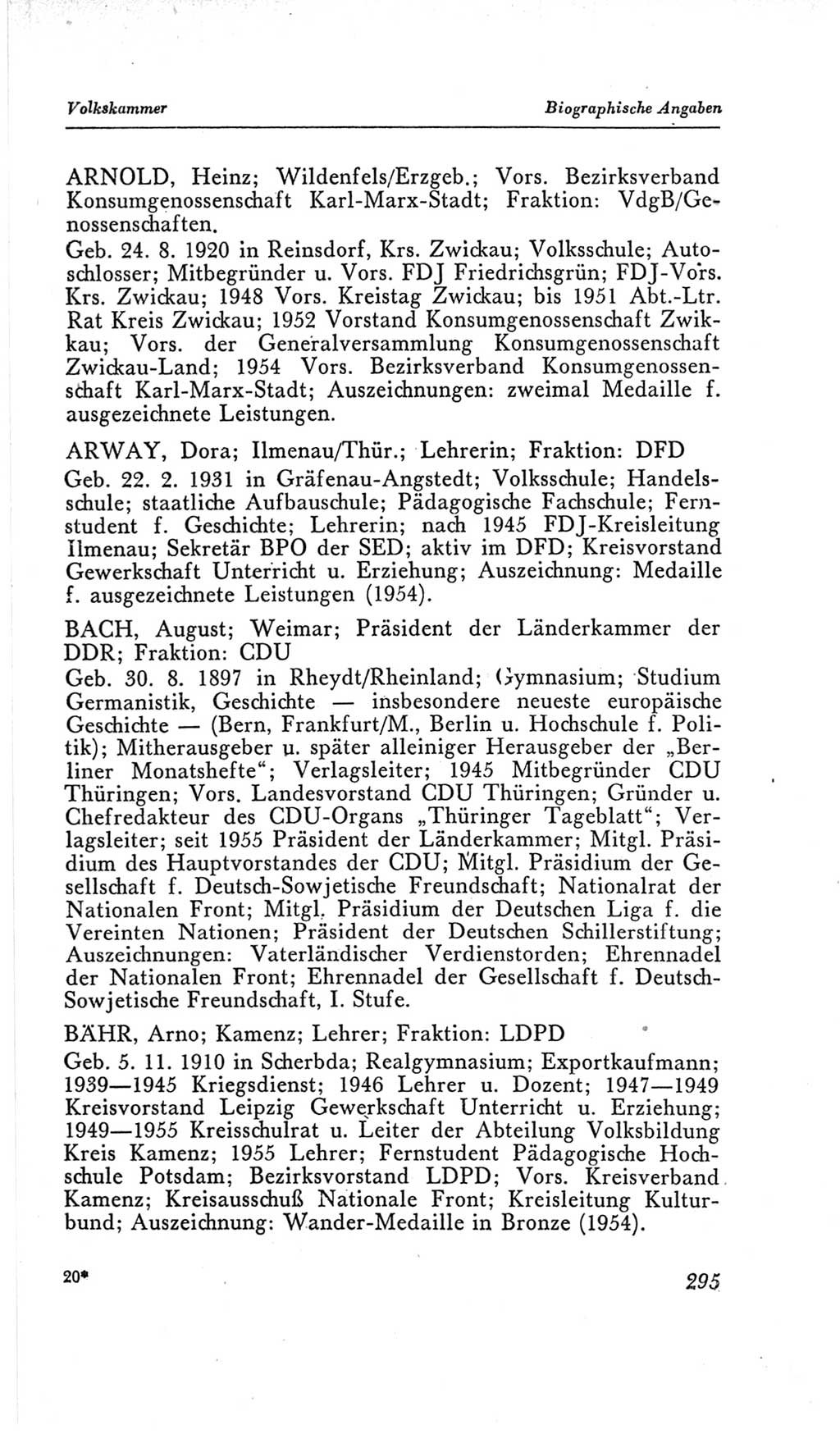 Handbuch der Volkskammer (VK) der Deutschen Demokratischen Republik (DDR), 2. Wahlperiode 1954-1958, Seite 295 (Hdb. VK. DDR, 2. WP. 1954-1958, S. 295)