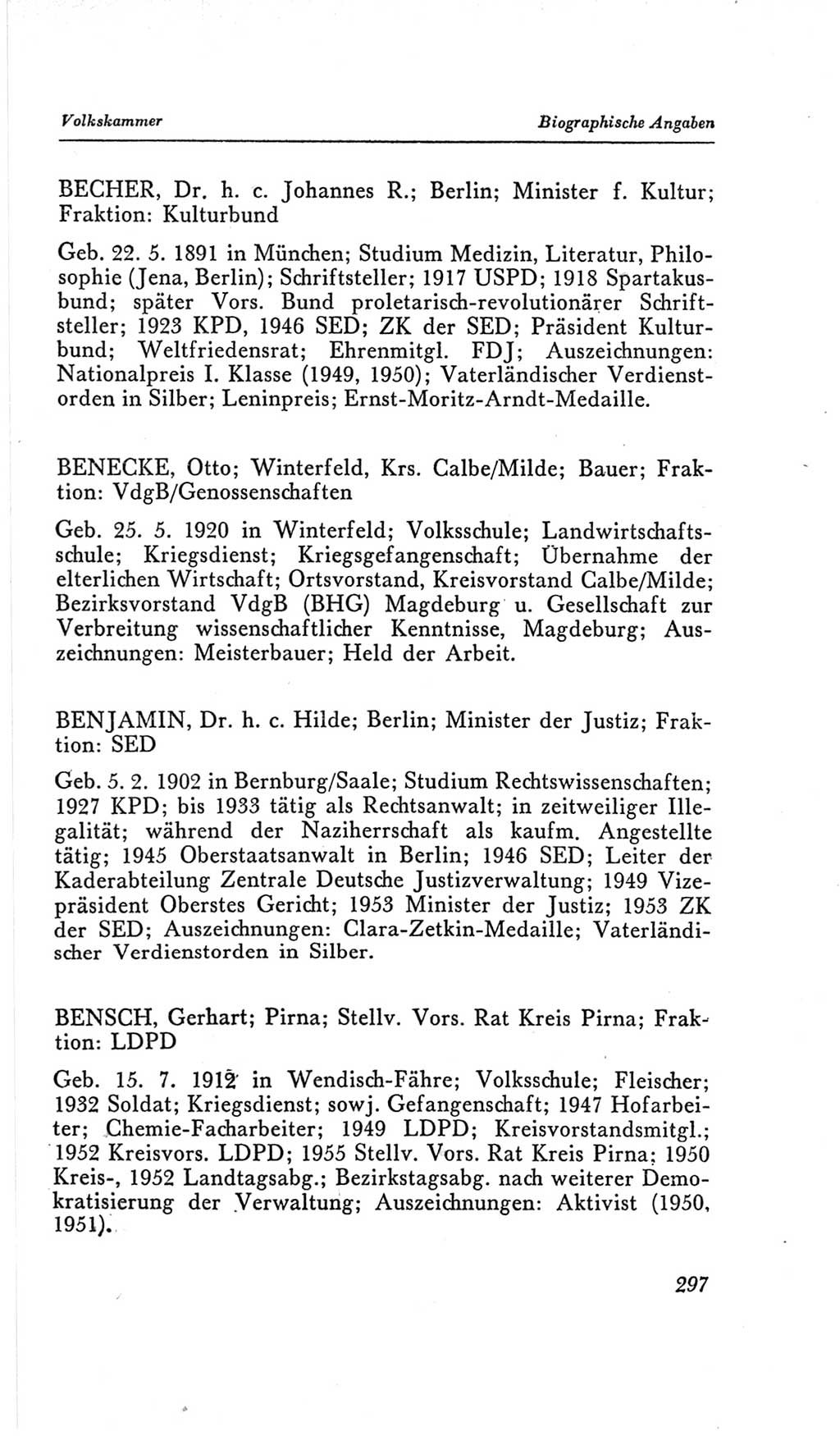 Handbuch der Volkskammer (VK) der Deutschen Demokratischen Republik (DDR), 2. Wahlperiode 1954-1958, Seite 297 (Hdb. VK. DDR, 2. WP. 1954-1958, S. 297)