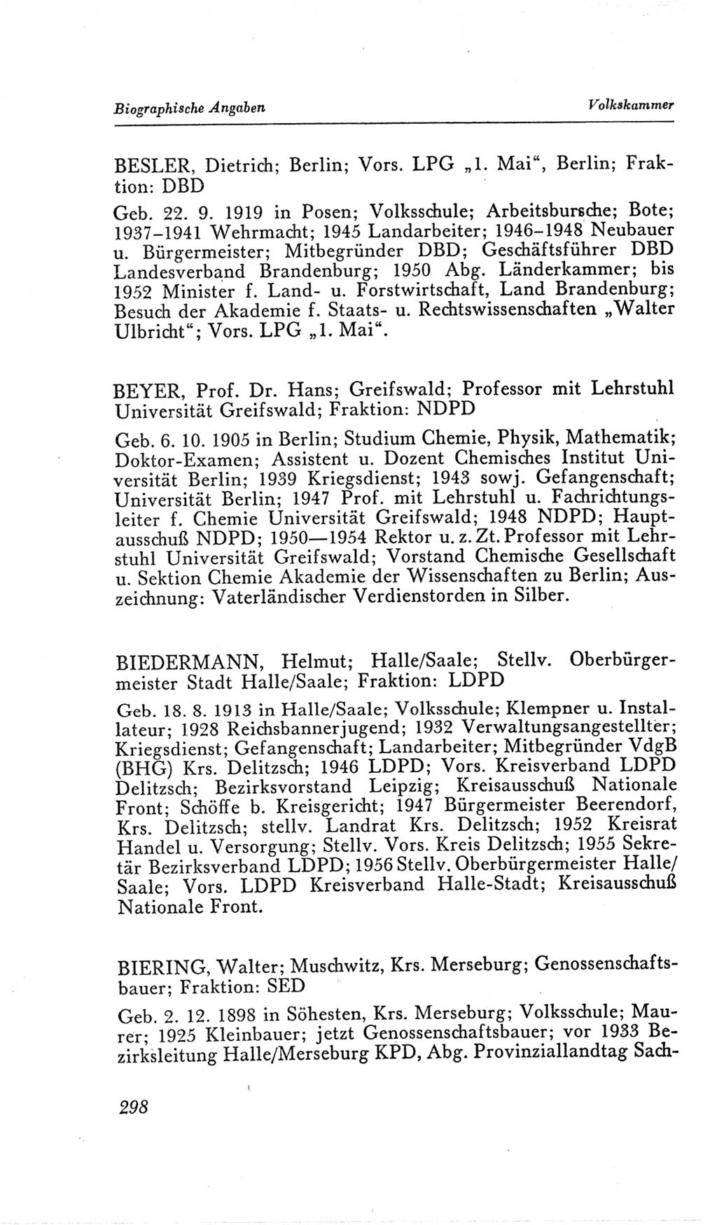 Handbuch der Volkskammer (VK) der Deutschen Demokratischen Republik (DDR), 2. Wahlperiode 1954-1958, Seite 298 (Hdb. VK. DDR, 2. WP. 1954-1958, S. 298)