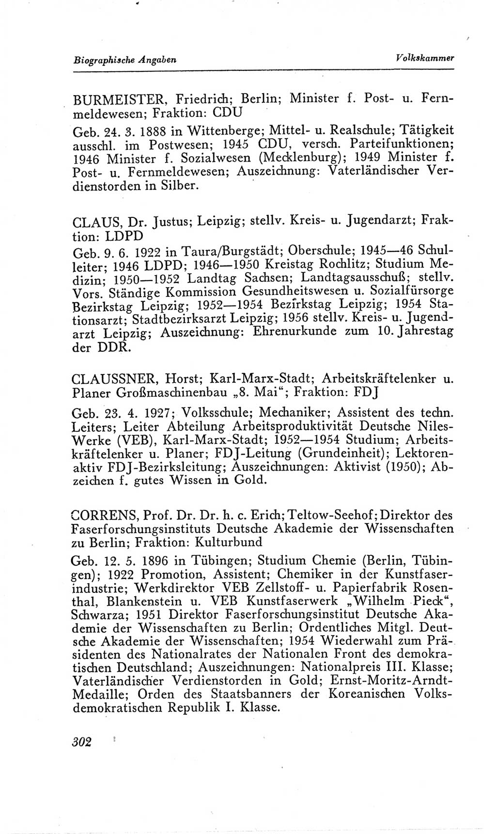 Handbuch der Volkskammer (VK) der Deutschen Demokratischen Republik (DDR), 2. Wahlperiode 1954-1958, Seite 302 (Hdb. VK. DDR, 2. WP. 1954-1958, S. 302)