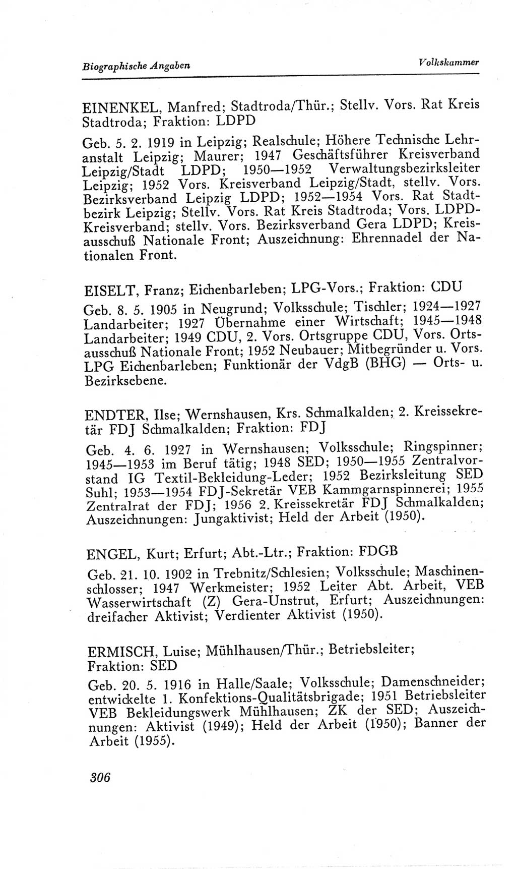 Handbuch der Volkskammer (VK) der Deutschen Demokratischen Republik (DDR), 2. Wahlperiode 1954-1958, Seite 306 (Hdb. VK. DDR, 2. WP. 1954-1958, S. 306)