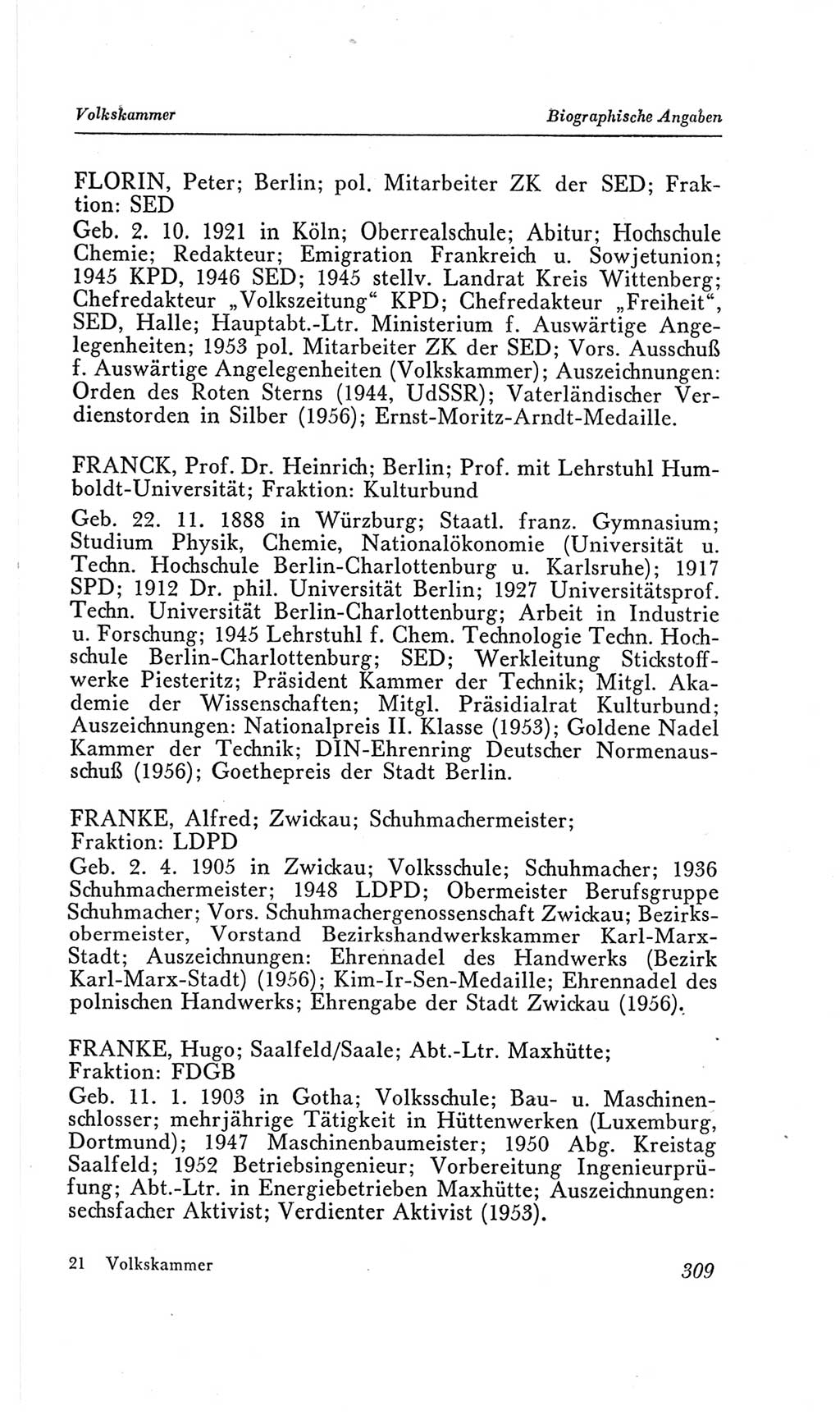 Handbuch der Volkskammer (VK) der Deutschen Demokratischen Republik (DDR), 2. Wahlperiode 1954-1958, Seite 309 (Hdb. VK. DDR, 2. WP. 1954-1958, S. 309)