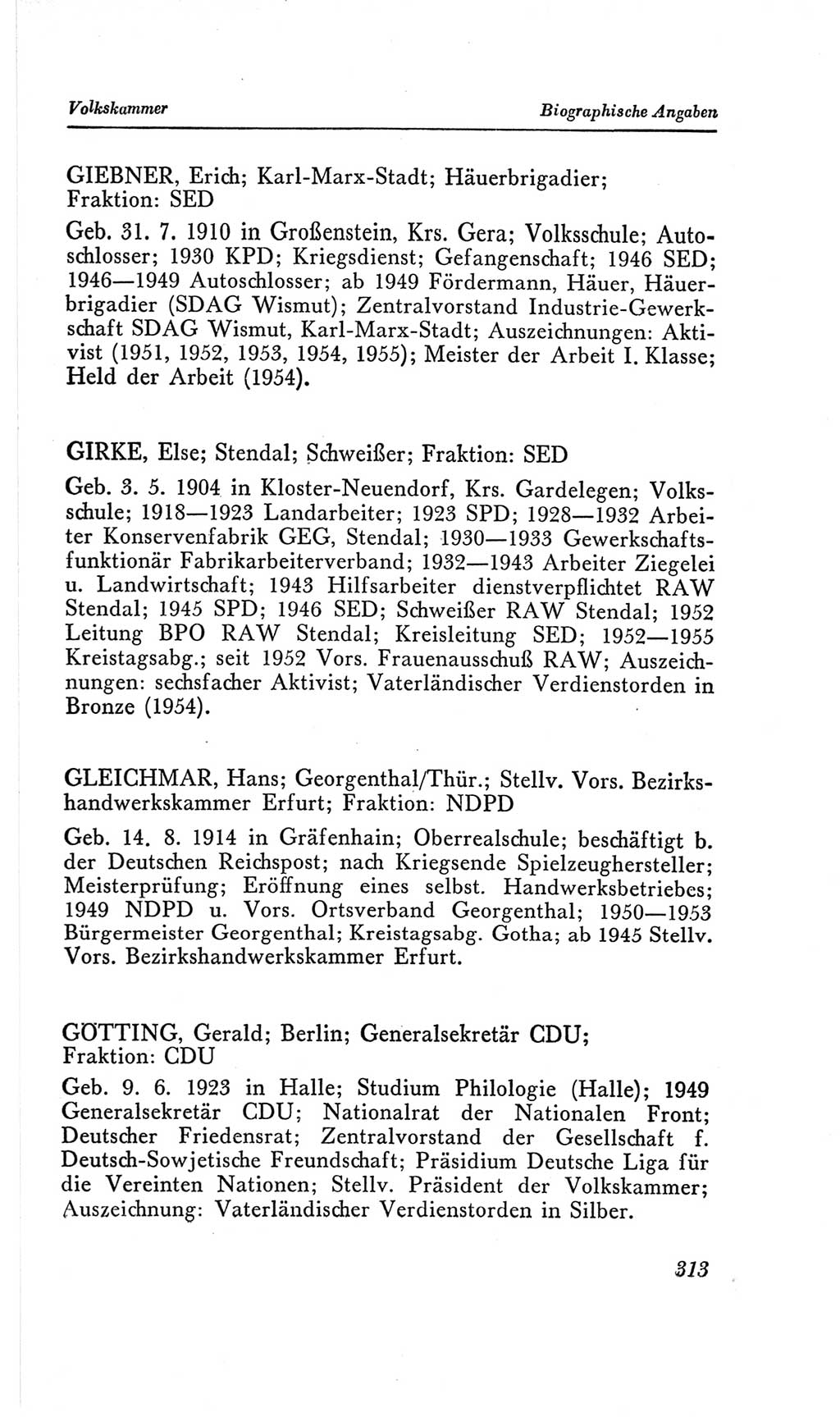 Handbuch der Volkskammer (VK) der Deutschen Demokratischen Republik (DDR), 2. Wahlperiode 1954-1958, Seite 313 (Hdb. VK. DDR, 2. WP. 1954-1958, S. 313)