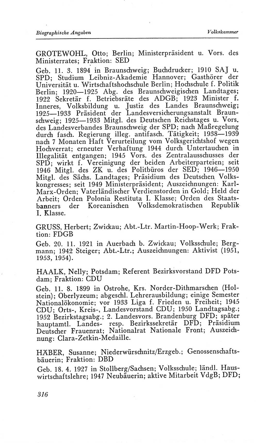 Handbuch der Volkskammer (VK) der Deutschen Demokratischen Republik (DDR), 2. Wahlperiode 1954-1958, Seite 316 (Hdb. VK. DDR, 2. WP. 1954-1958, S. 316)