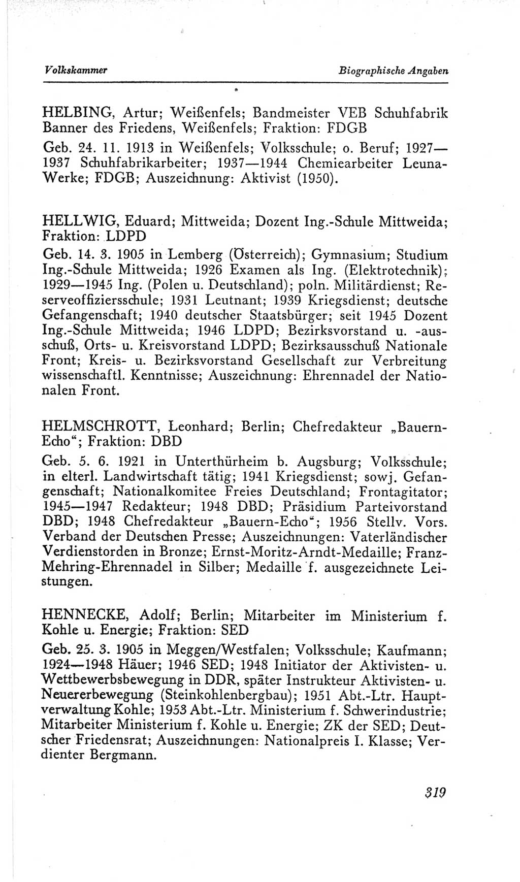 Handbuch der Volkskammer (VK) der Deutschen Demokratischen Republik (DDR), 2. Wahlperiode 1954-1958, Seite 319 (Hdb. VK. DDR, 2. WP. 1954-1958, S. 319)