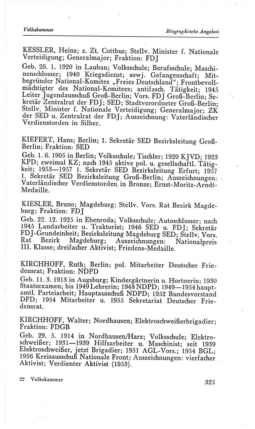 Handbuch der Volkskammer (VK) der Deutschen Demokratischen Republik (DDR), 2. Wahlperiode 1954-1958, Seite 325 (Hdb. VK. DDR, 2. WP. 1954-1958, S. 325)