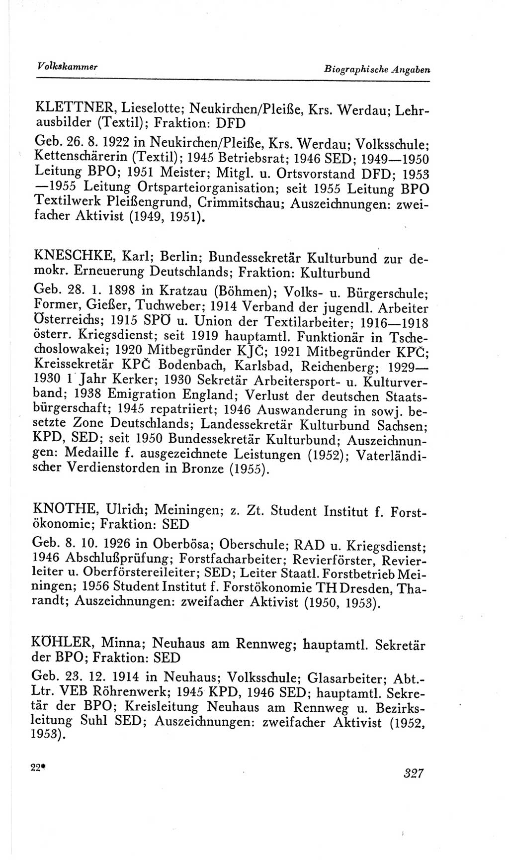 Handbuch der Volkskammer (VK) der Deutschen Demokratischen Republik (DDR), 2. Wahlperiode 1954-1958, Seite 327 (Hdb. VK. DDR, 2. WP. 1954-1958, S. 327)