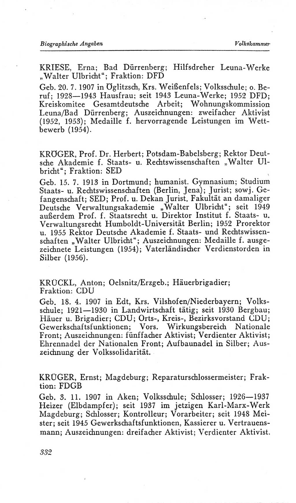 Handbuch der Volkskammer (VK) der Deutschen Demokratischen Republik (DDR), 2. Wahlperiode 1954-1958, Seite 332 (Hdb. VK. DDR, 2. WP. 1954-1958, S. 332)