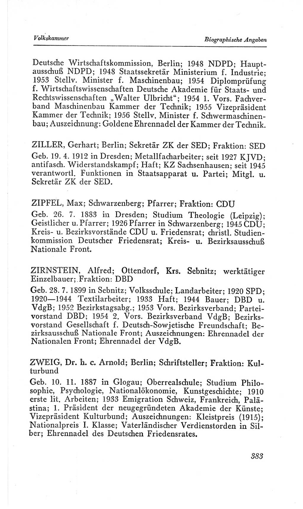 Handbuch der Volkskammer (VK) der Deutschen Demokratischen Republik (DDR), 2. Wahlperiode 1954-1958, Seite 383 (Hdb. VK. DDR, 2. WP. 1954-1958, S. 383)