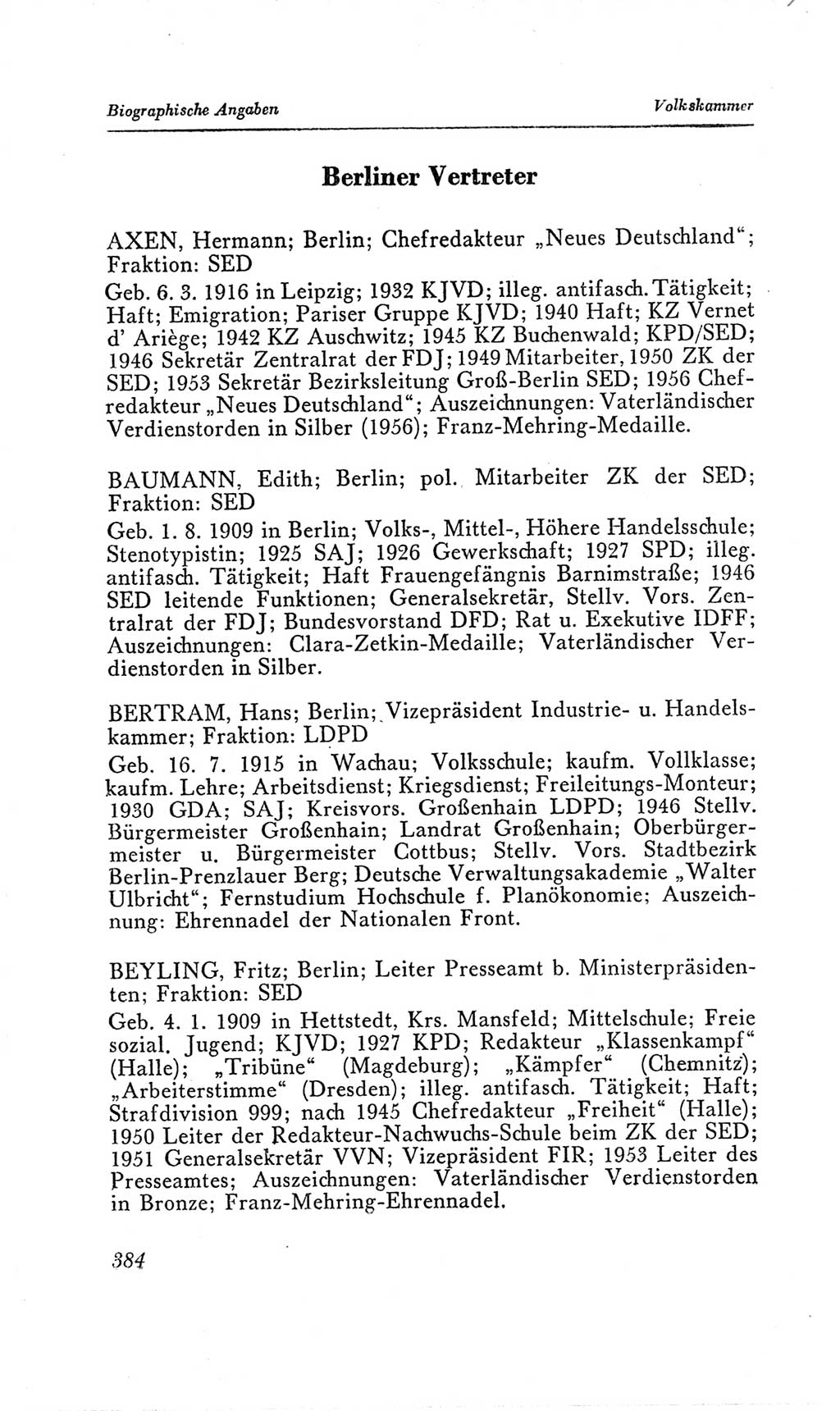 Handbuch der Volkskammer (VK) der Deutschen Demokratischen Republik (DDR), 2. Wahlperiode 1954-1958, Seite 384 (Hdb. VK. DDR, 2. WP. 1954-1958, S. 384)