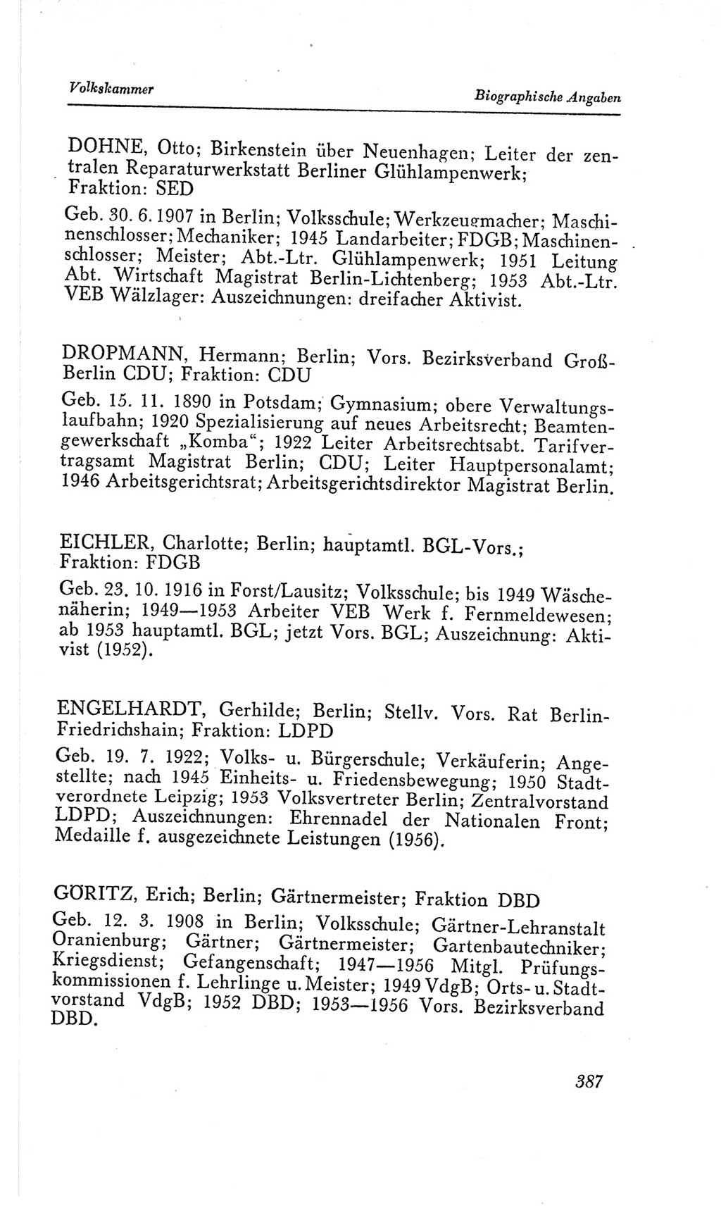 Handbuch der Volkskammer (VK) der Deutschen Demokratischen Republik (DDR), 2. Wahlperiode 1954-1958, Seite 387 (Hdb. VK. DDR, 2. WP. 1954-1958, S. 387)