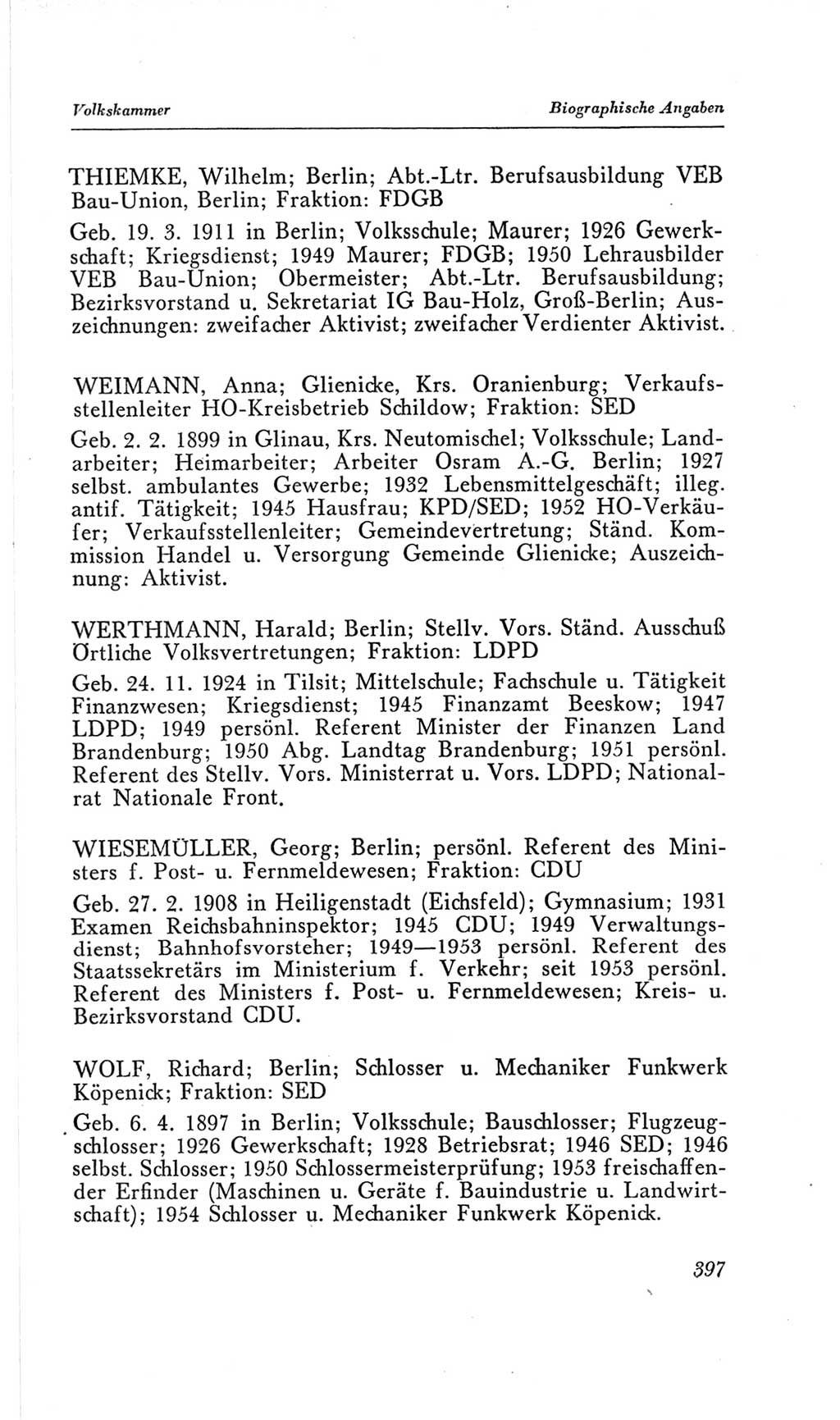 Handbuch der Volkskammer (VK) der Deutschen Demokratischen Republik (DDR), 2. Wahlperiode 1954-1958, Seite 397 (Hdb. VK. DDR, 2. WP. 1954-1958, S. 397)